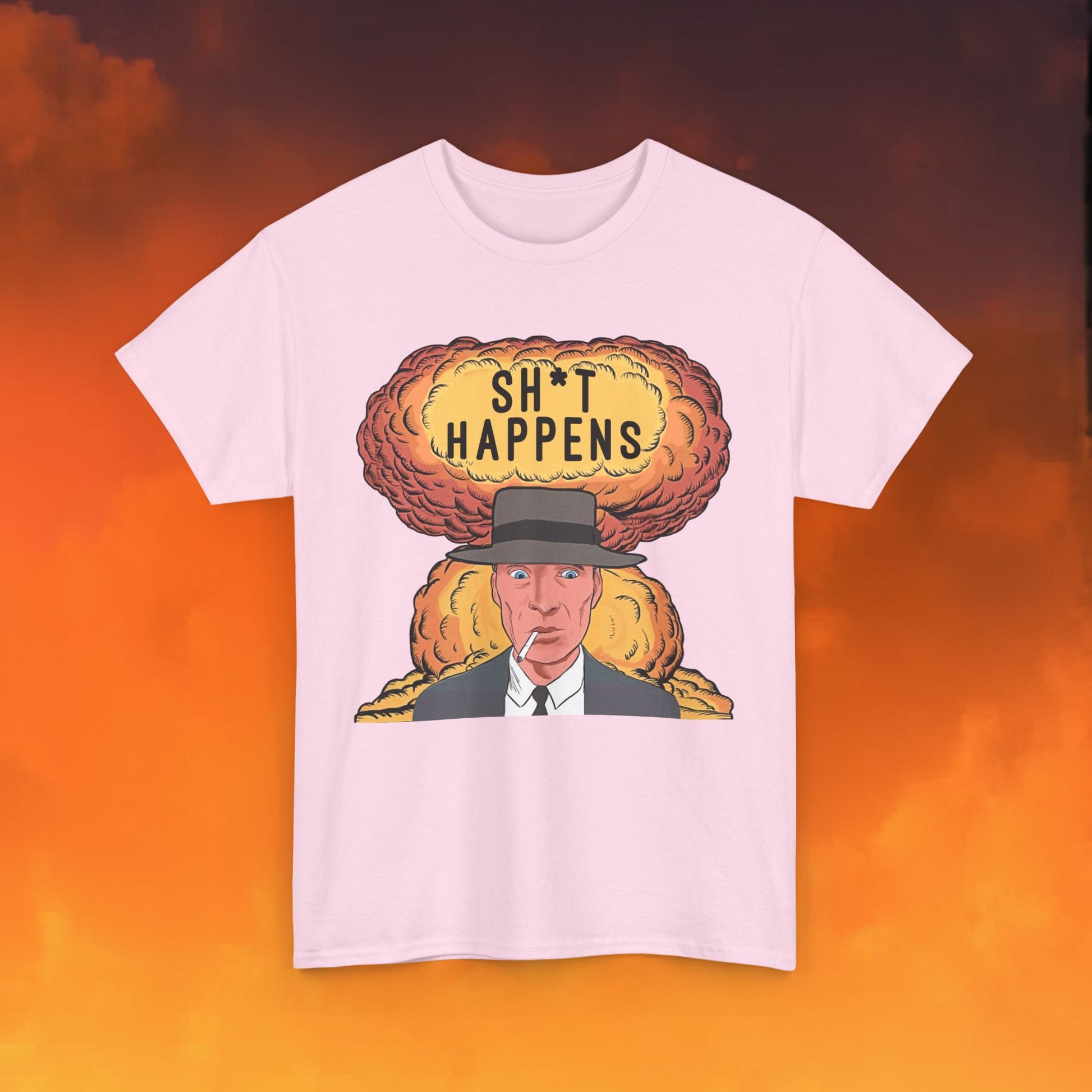 Oppenheimer Sh*t Happens Funny Movie Parody Nuclear Atomic Bomb Explosion Unisex Heavy Cotton Tee Next Cult Brand