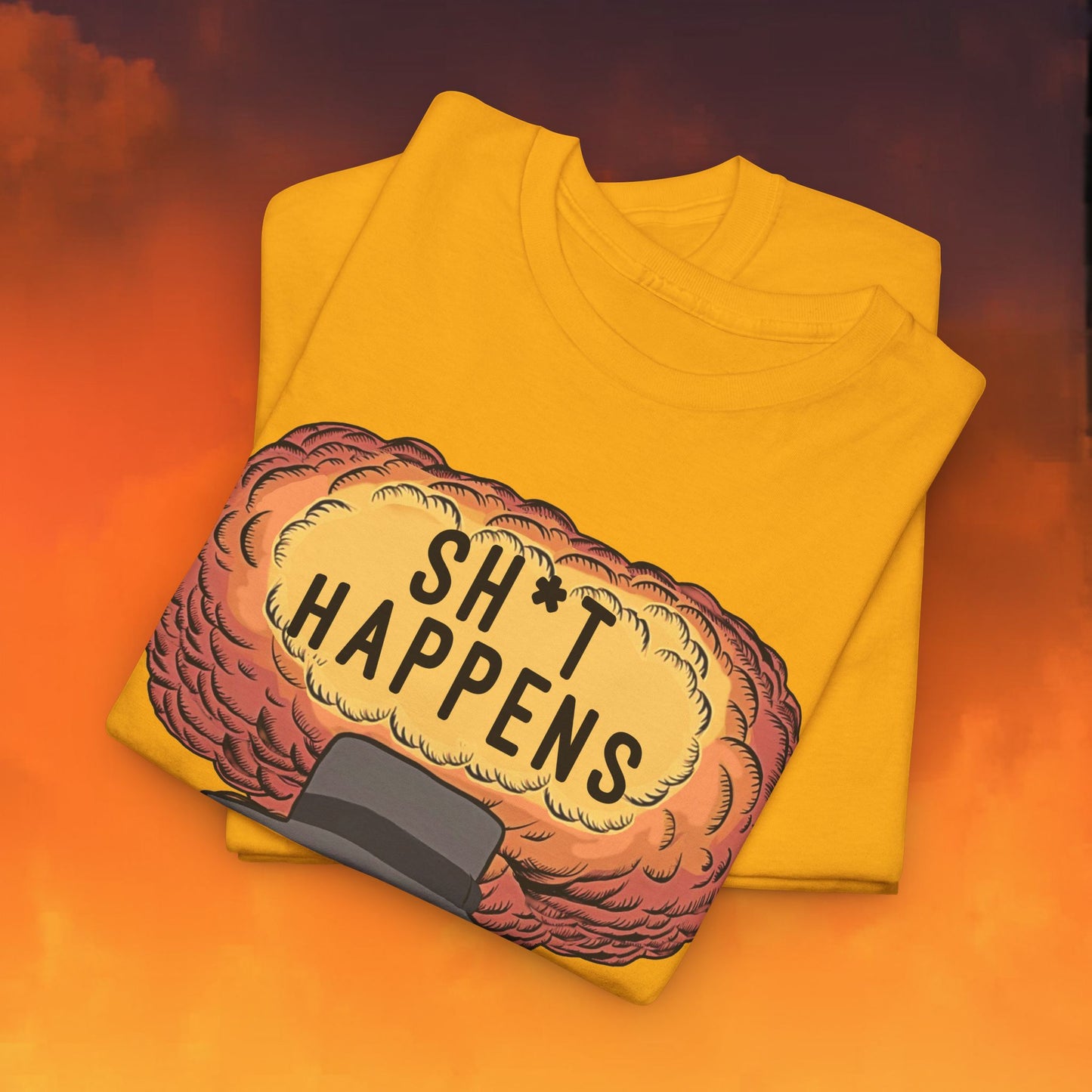 Oppenheimer Sh*t Happens Funny Movie Parody Nuclear Atomic Bomb Explosion Unisex Heavy Cotton Tee Next Cult Brand