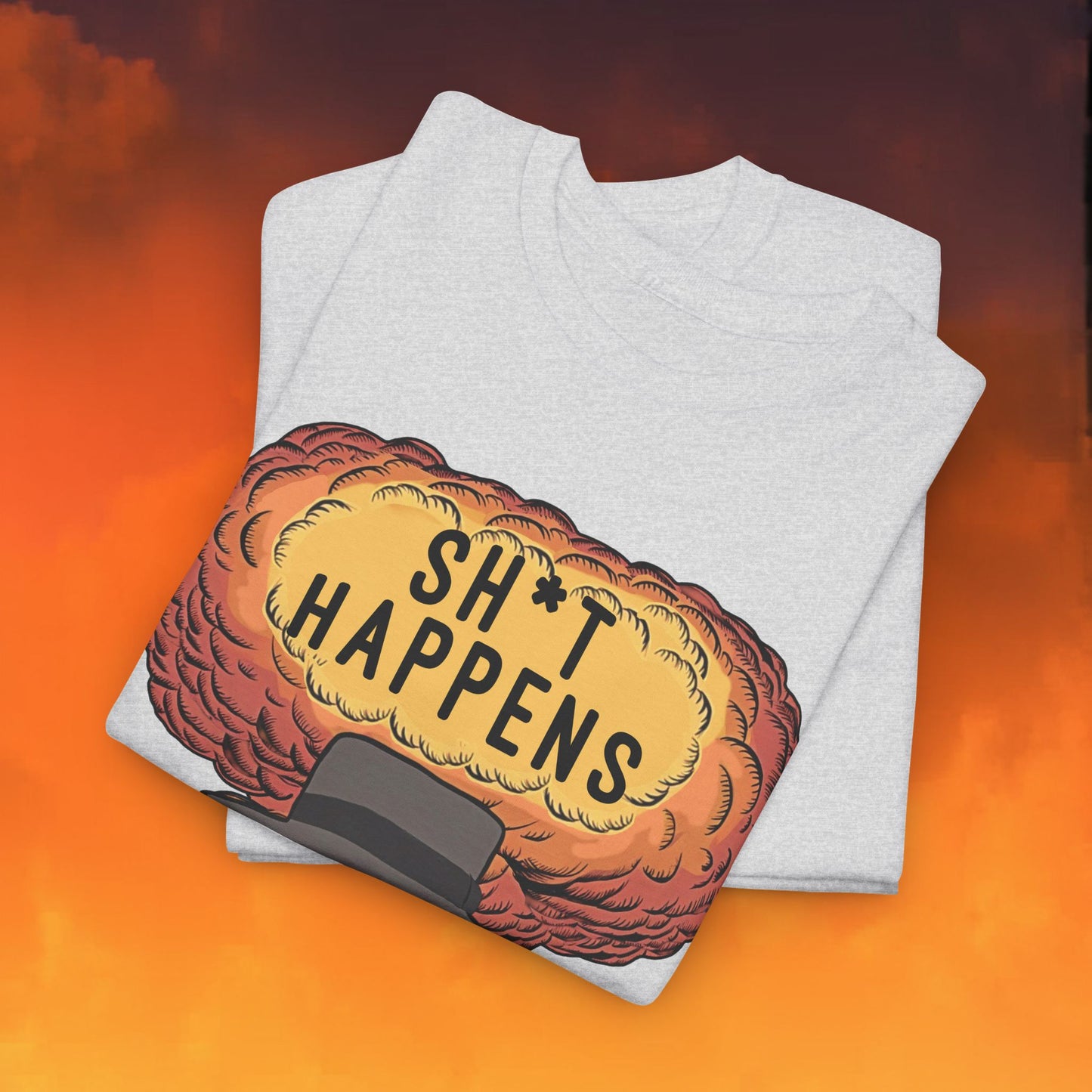 Oppenheimer Sh*t Happens Funny Movie Parody Nuclear Atomic Bomb Explosion Unisex Heavy Cotton Tee Next Cult Brand