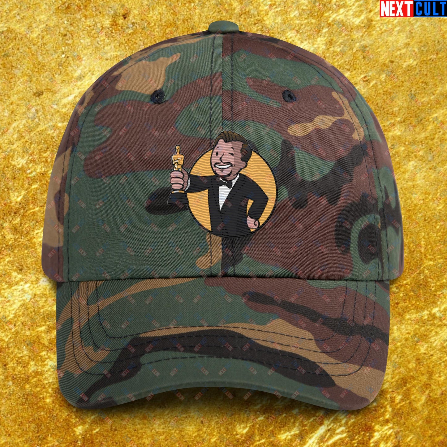 Oscars Boy Leonardo DiCaprio Vault Boy Fallout Funny Meme Cartoon Mashup Dad hat Green Camo Hats Fallout Leonardo DiCaprio Movies Vault Boy Next Cult Brand