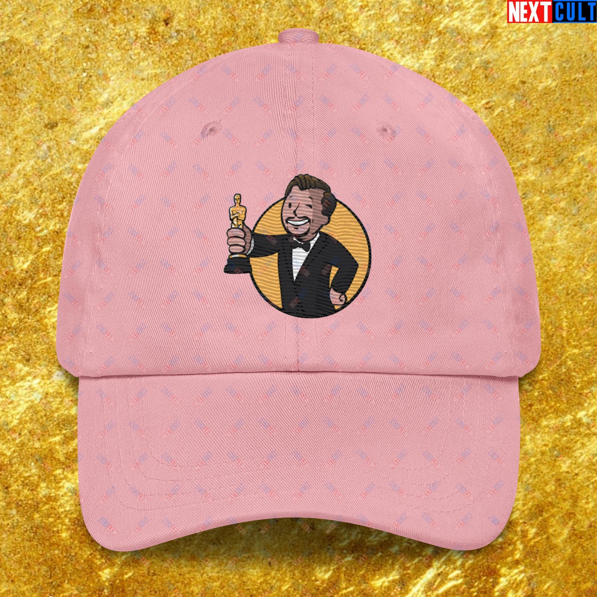 Oscars Boy Leonardo DiCaprio Vault Boy Fallout Funny Meme Cartoon Mashup Dad hat Pink Hats Fallout Leonardo DiCaprio Movies Vault Boy Next Cult Brand