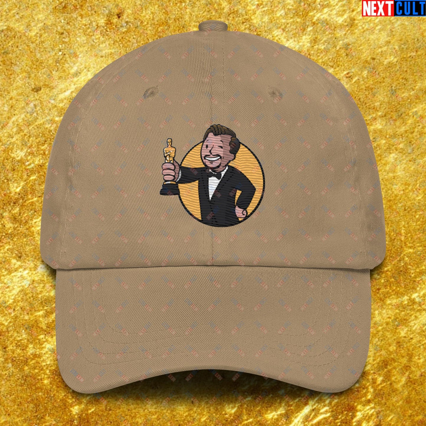 Oscars Boy Leonardo DiCaprio Vault Boy Fallout Funny Meme Cartoon Mashup Dad hat Khaki Hats Fallout Leonardo DiCaprio Movies Vault Boy Next Cult Brand