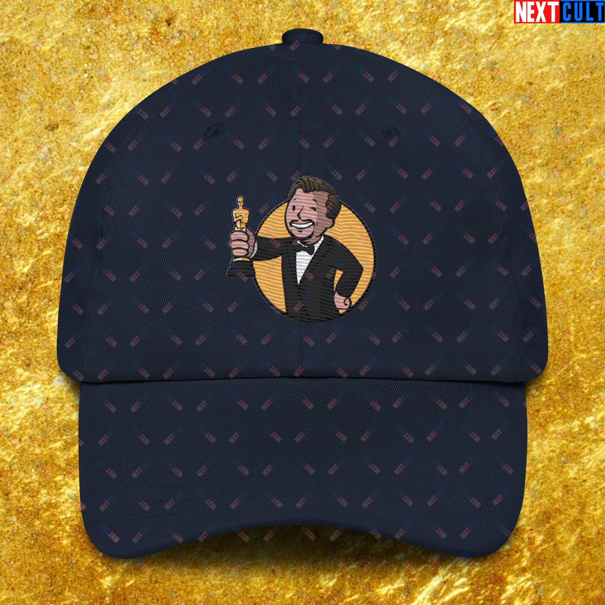 Oscars Boy Leonardo DiCaprio Vault Boy Fallout Funny Meme Cartoon Mashup Dad hat Navy Hats Fallout Leonardo DiCaprio Movies Vault Boy Next Cult Brand