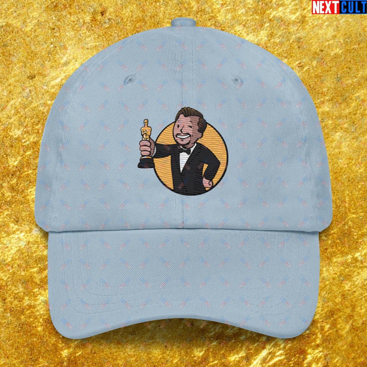 Oscars Boy Leonardo DiCaprio Vault Boy Fallout Funny Meme Cartoon Mashup Dad hat Light Blue Hats Fallout Leonardo DiCaprio Movies Vault Boy Next Cult Brand