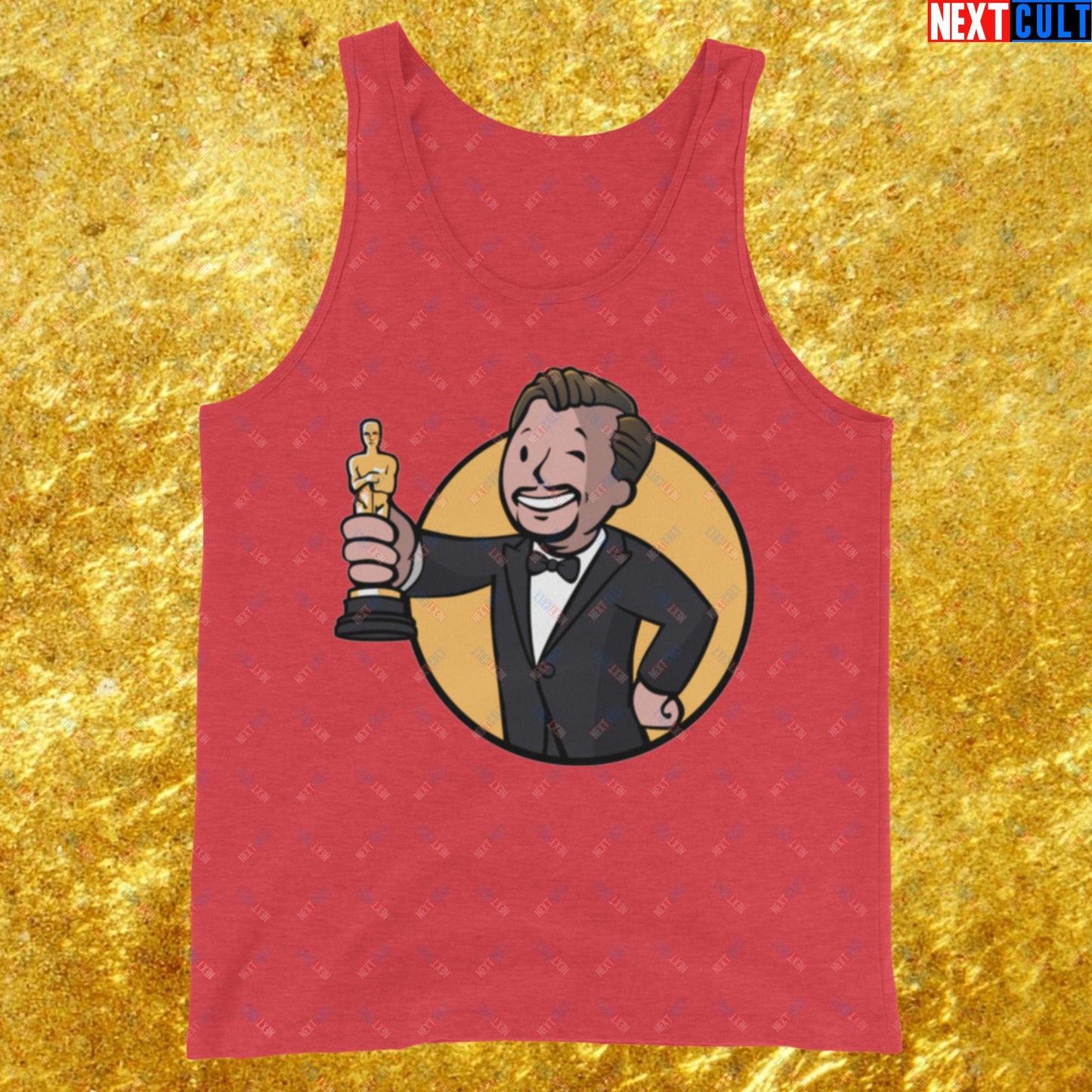 Oscars Boy Leonardo DiCaprio Vault Boy Fallout Funny Meme Cartoon Mashup Tank Top Red Triblend Tank Tops Fallout Leonardo DiCaprio Movies Vault Boy Next Cult Brand