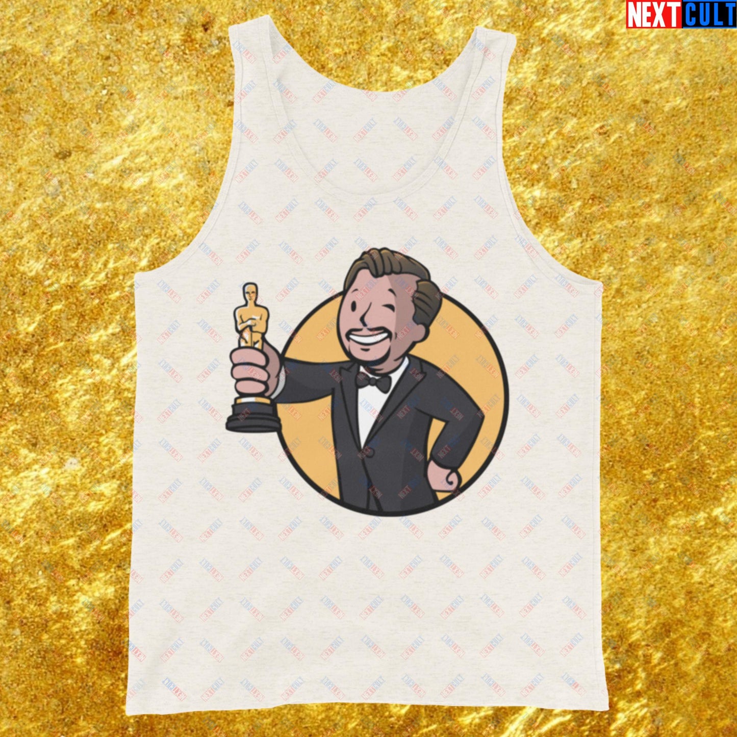 Oscars Boy Leonardo DiCaprio Vault Boy Fallout Funny Meme Cartoon Mashup Tank Top Oatmeal Triblend Tank Tops Fallout Leonardo DiCaprio Movies Vault Boy Next Cult Brand