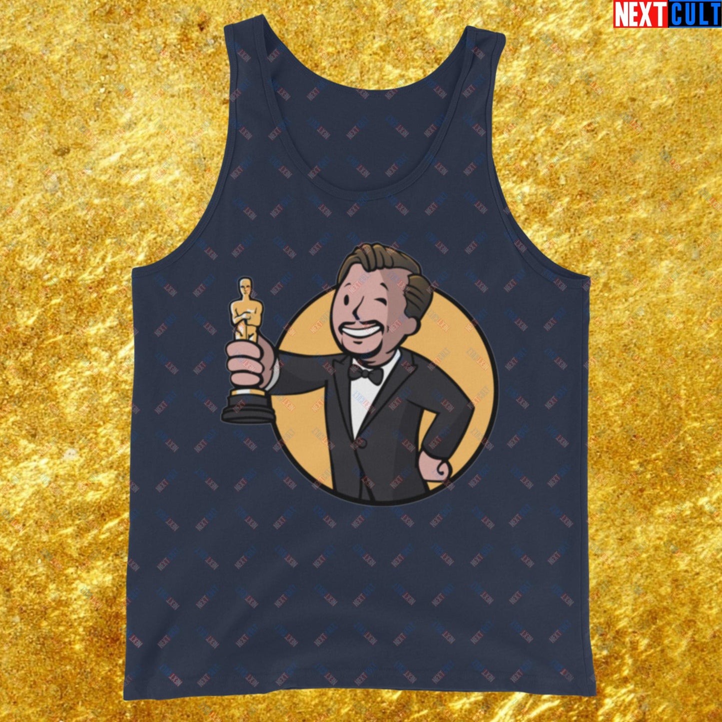 Oscars Boy Leonardo DiCaprio Vault Boy Fallout Funny Meme Cartoon Mashup Tank Top Navy Tank Tops Fallout Leonardo DiCaprio Movies Vault Boy Next Cult Brand