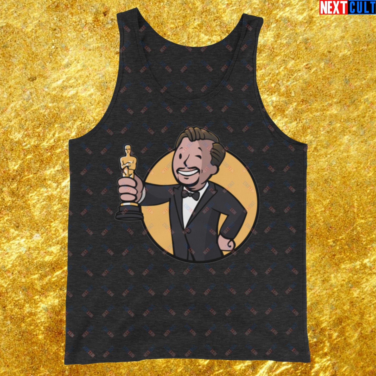 Oscars Boy Leonardo DiCaprio Vault Boy Fallout Funny Meme Cartoon Mashup Tank Top Charcoal-Black Triblend Tank Tops Fallout Leonardo DiCaprio Movies Vault Boy Next Cult Brand