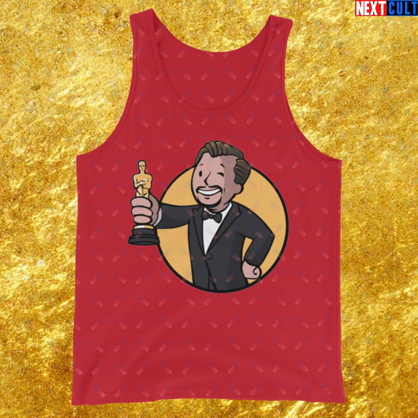 Oscars Boy Leonardo DiCaprio Vault Boy Fallout Funny Meme Cartoon Mashup Tank Top Red Tank Tops Fallout Leonardo DiCaprio Movies Vault Boy Next Cult Brand