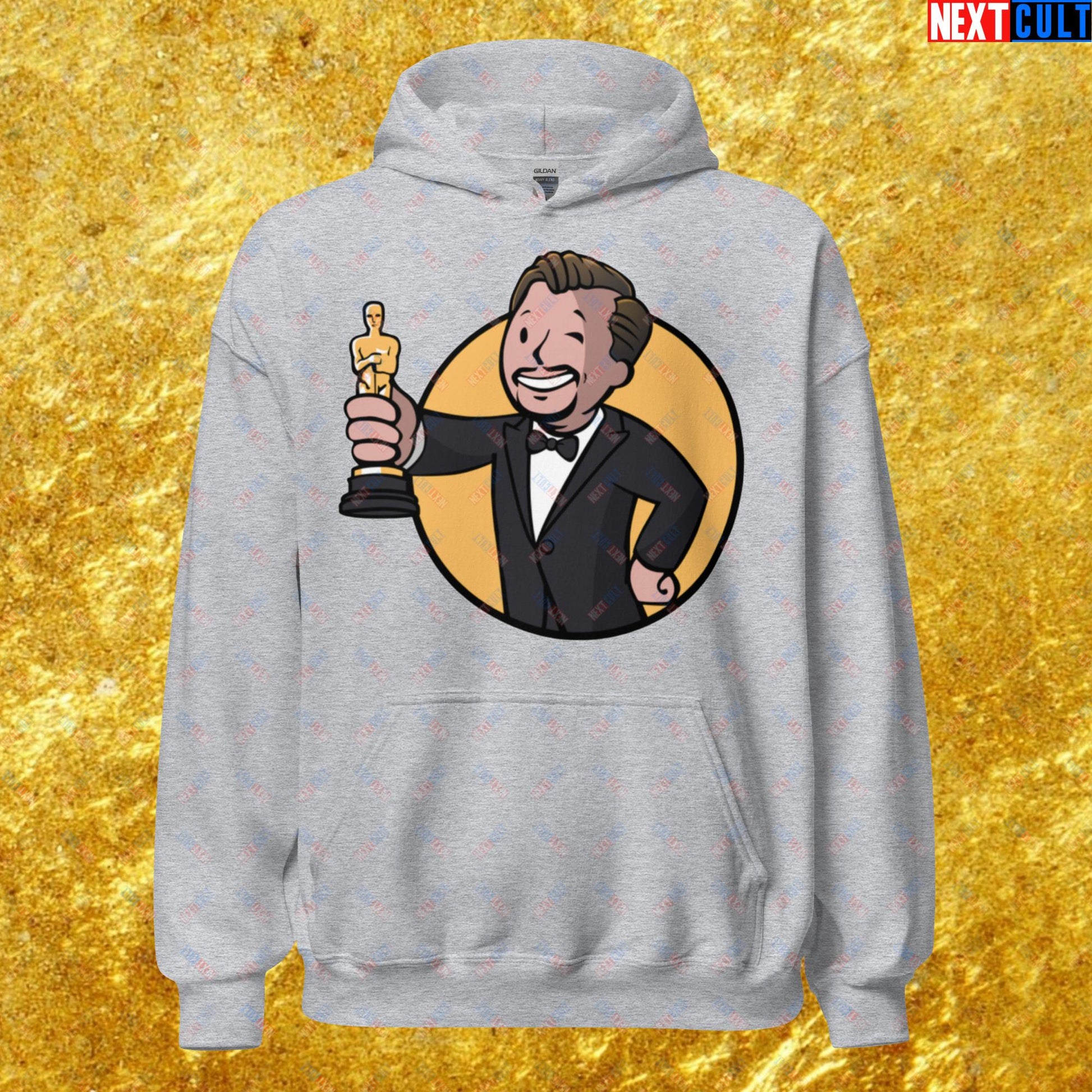 Oscars Boy Leonardo DiCaprio Vault Boy Fallout Funny Meme Cartoon Mashup Unisex Hoodie Sport Grey Hoodies Fallout Leonardo DiCaprio Movies Vault Boy Next Cult Brand