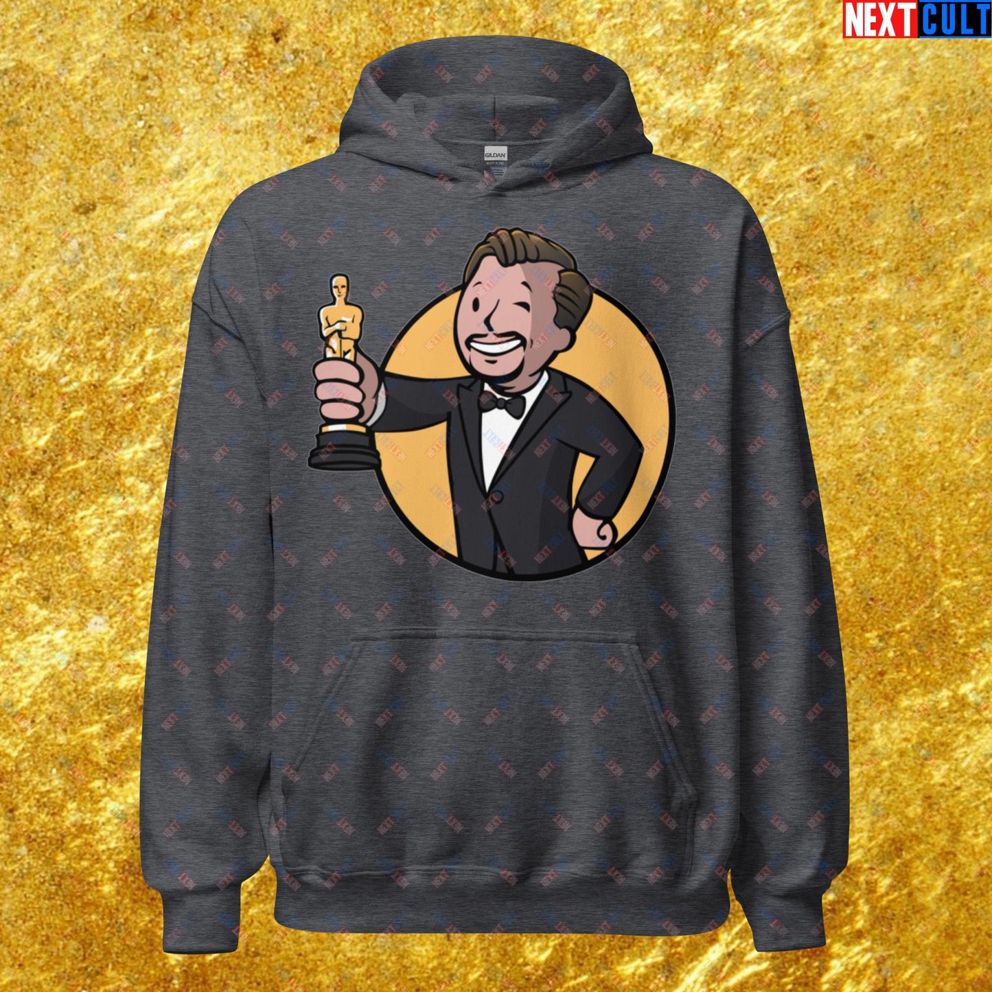 Oscars Boy Leonardo DiCaprio Vault Boy Fallout Funny Meme Cartoon Mashup Unisex Hoodie Dark Heather Hoodies Fallout Leonardo DiCaprio Movies Vault Boy Next Cult Brand