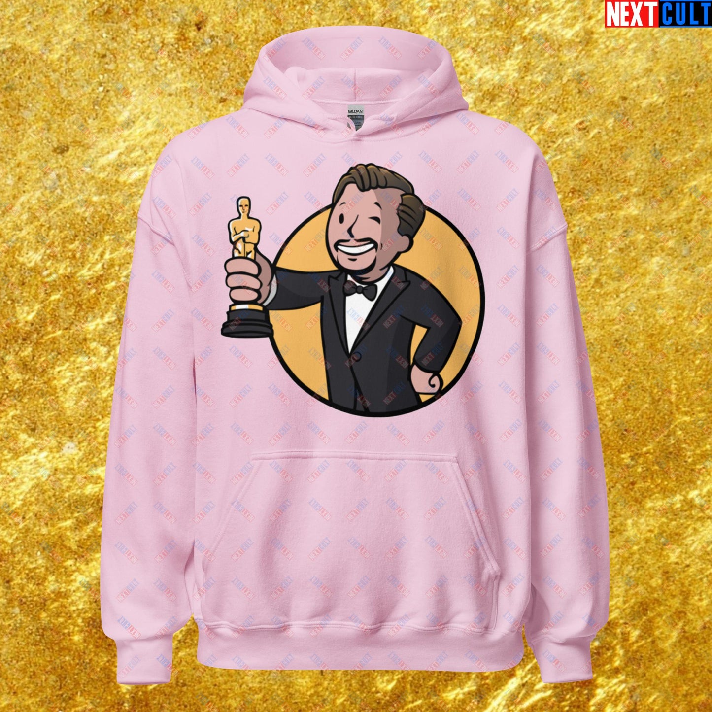 Oscars Boy Leonardo DiCaprio Vault Boy Fallout Funny Meme Cartoon Mashup Unisex Hoodie Light Pink Hoodies Fallout Leonardo DiCaprio Movies Vault Boy Next Cult Brand