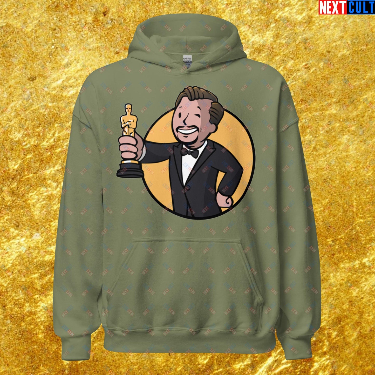 Oscars Boy Leonardo DiCaprio Vault Boy Fallout Funny Meme Cartoon Mashup Unisex Hoodie Military Green Hoodies Fallout Leonardo DiCaprio Movies Vault Boy Next Cult Brand