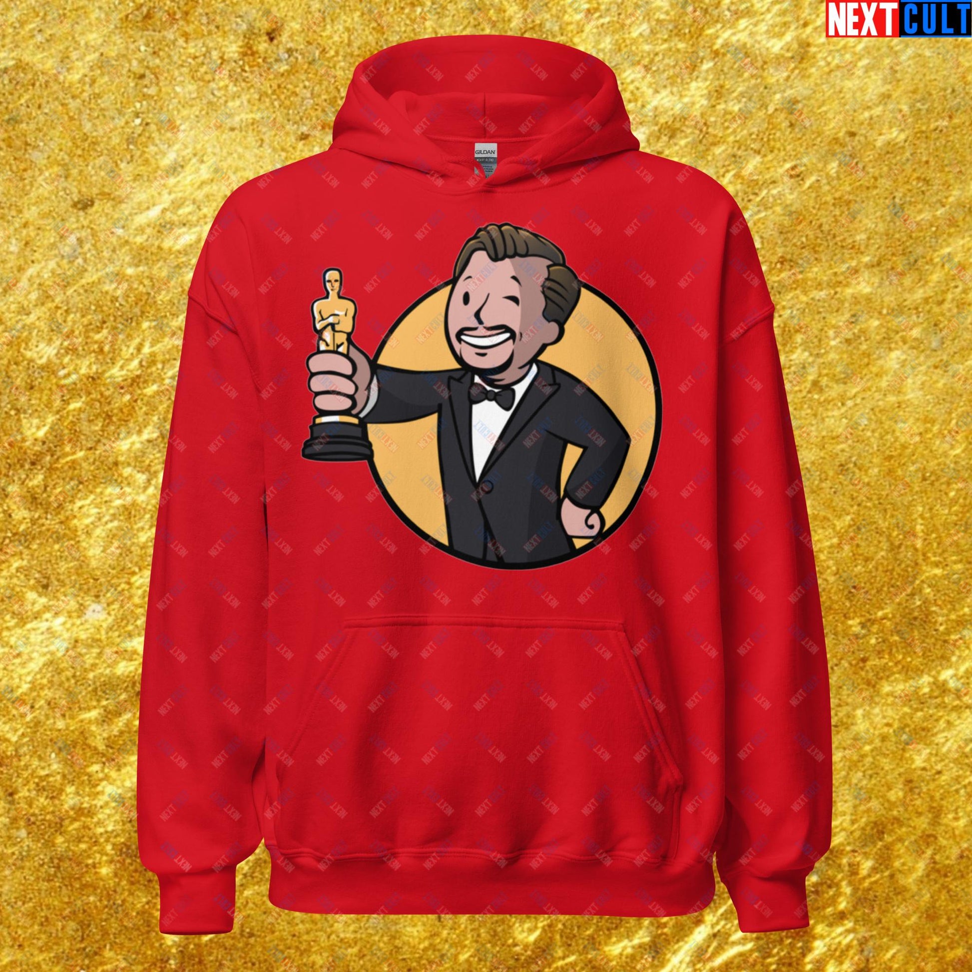 Oscars Boy Leonardo DiCaprio Vault Boy Fallout Funny Meme Cartoon Mashup Unisex Hoodie Red Hoodies Fallout Leonardo DiCaprio Movies Vault Boy Next Cult Brand