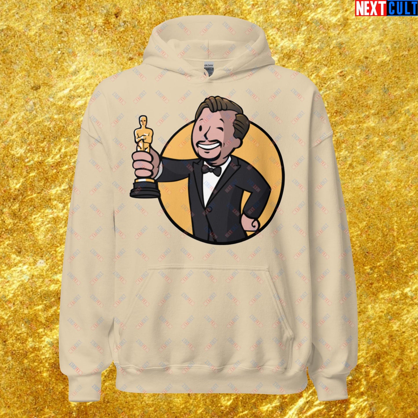 Oscars Boy Leonardo DiCaprio Vault Boy Fallout Funny Meme Cartoon Mashup Unisex Hoodie Sand Hoodies Fallout Leonardo DiCaprio Movies Vault Boy Next Cult Brand