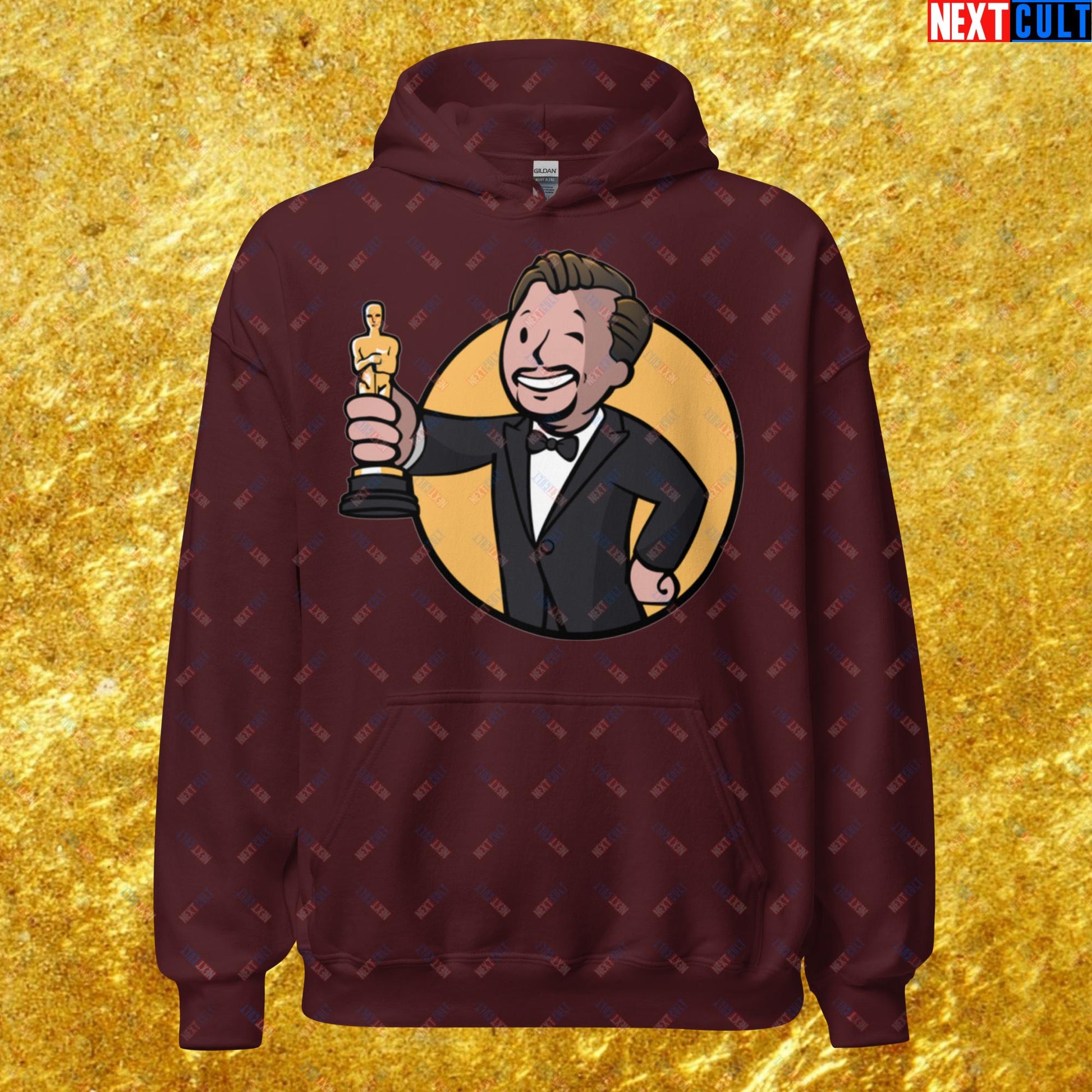 Oscars Boy Leonardo DiCaprio Vault Boy Fallout Funny Meme Cartoon Mashup Unisex Hoodie Maroon Hoodies Fallout Leonardo DiCaprio Movies Vault Boy Next Cult Brand