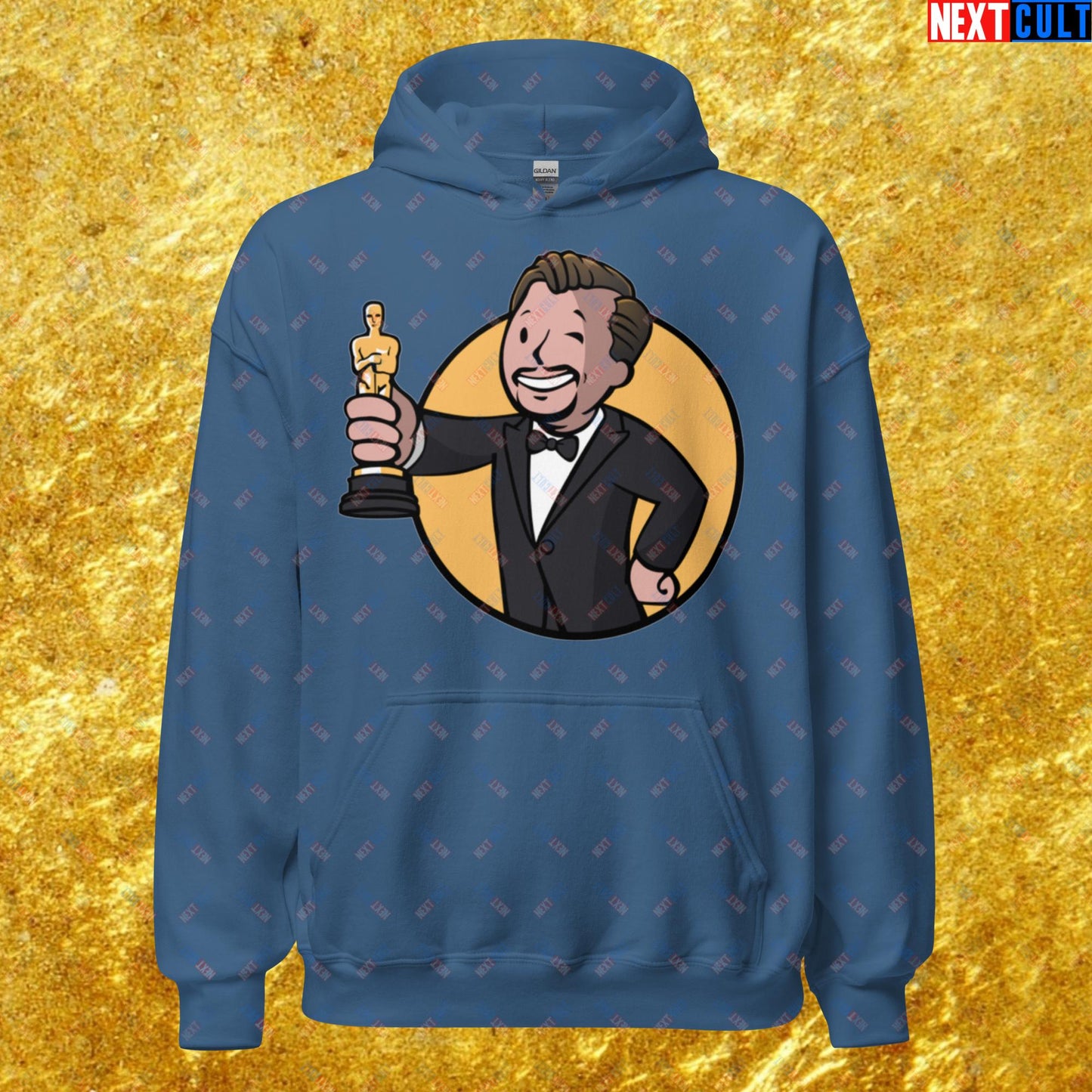 Oscars Boy Leonardo DiCaprio Vault Boy Fallout Funny Meme Cartoon Mashup Unisex Hoodie Indigo Blue Hoodies Fallout Leonardo DiCaprio Movies Vault Boy Next Cult Brand