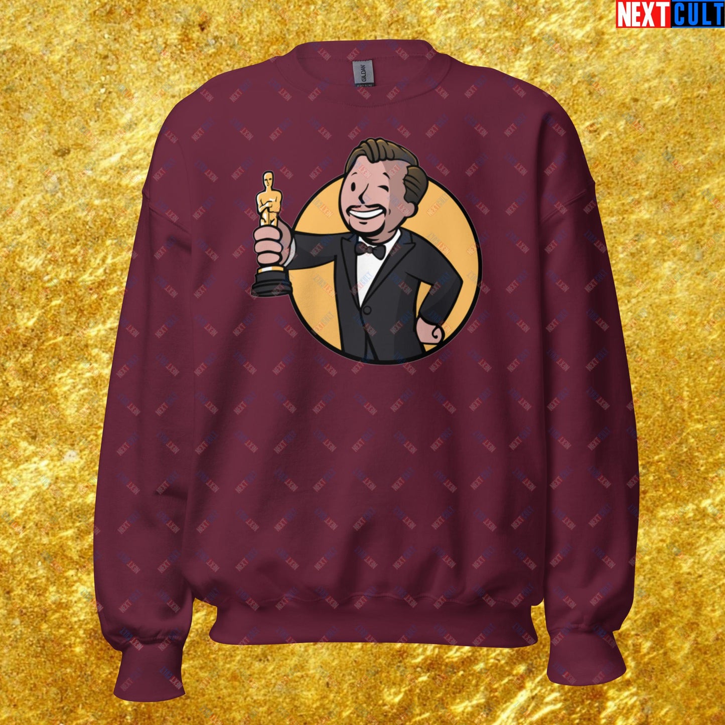 Oscars Boy Leonardo DiCaprio Vault Boy Fallout Funny Meme Cartoon Mashup Unisex Sweatshirt Maroon Sweatshirts Fallout Leonardo DiCaprio Movies Vault Boy Next Cult Brand