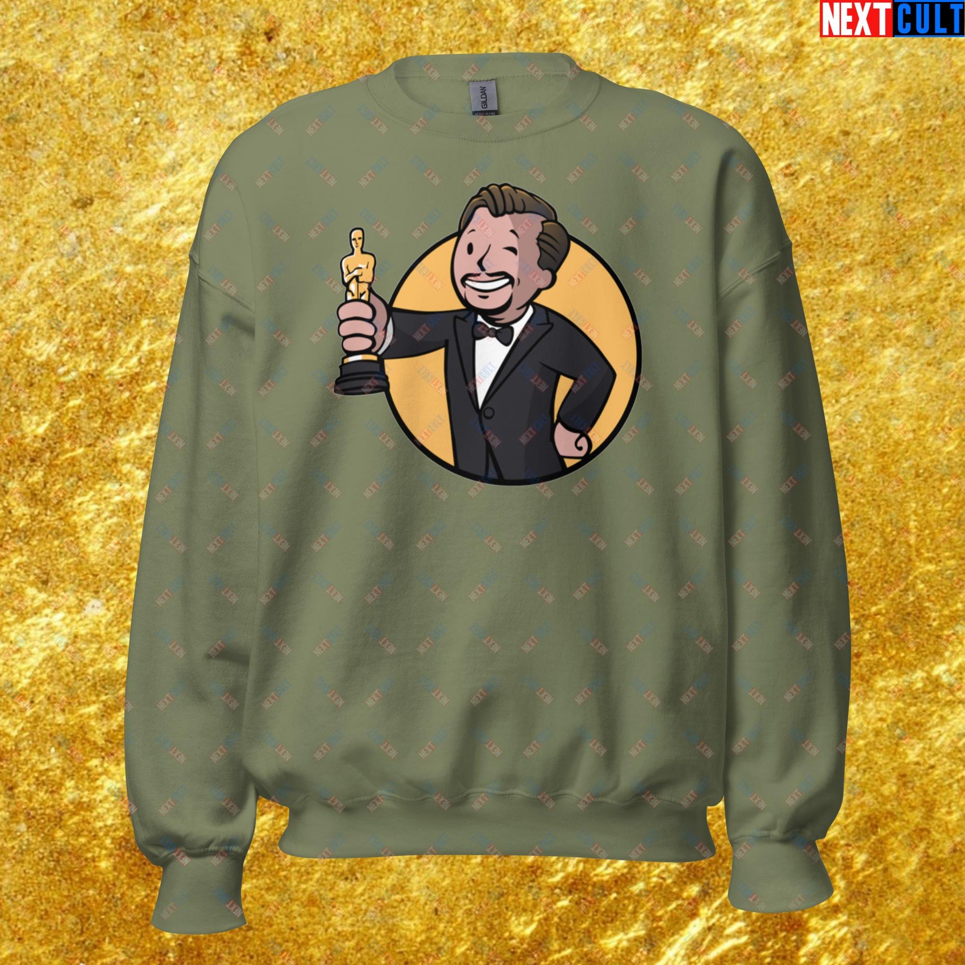 Oscars Boy Leonardo DiCaprio Vault Boy Fallout Funny Meme Cartoon Mashup Unisex Sweatshirt Military Green Sweatshirts Fallout Leonardo DiCaprio Movies Vault Boy Next Cult Brand