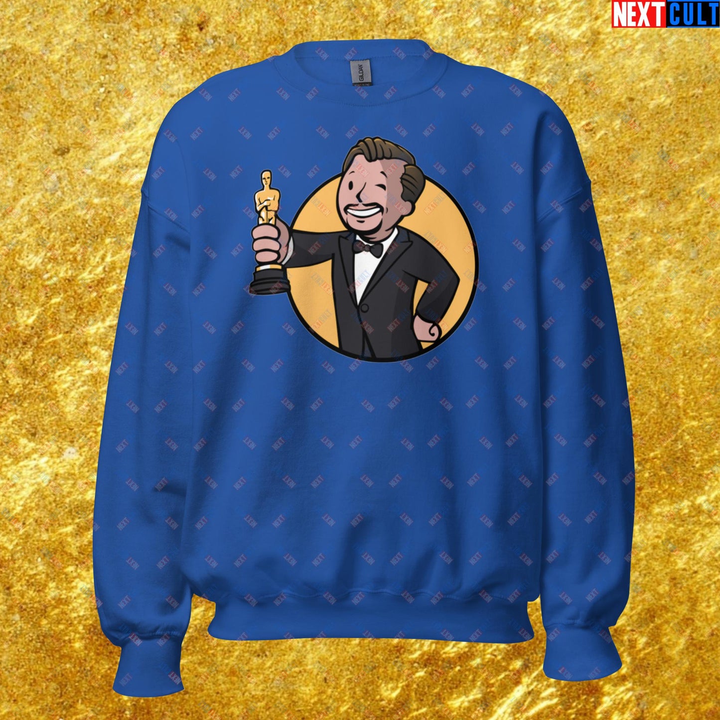 Oscars Boy Leonardo DiCaprio Vault Boy Fallout Funny Meme Cartoon Mashup Unisex Sweatshirt Royal Sweatshirts Fallout Leonardo DiCaprio Movies Vault Boy Next Cult Brand