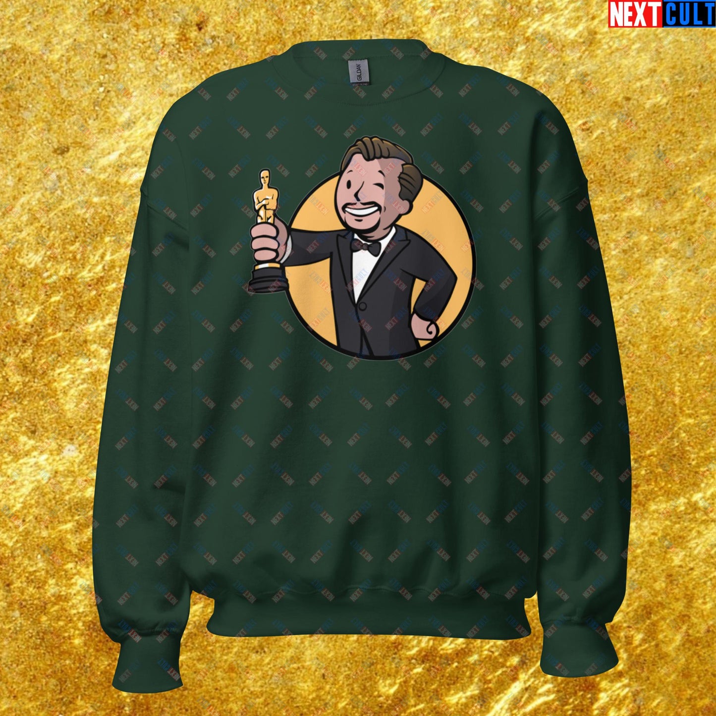 Oscars Boy Leonardo DiCaprio Vault Boy Fallout Funny Meme Cartoon Mashup Unisex Sweatshirt Forest Green Sweatshirts Fallout Leonardo DiCaprio Movies Vault Boy Next Cult Brand