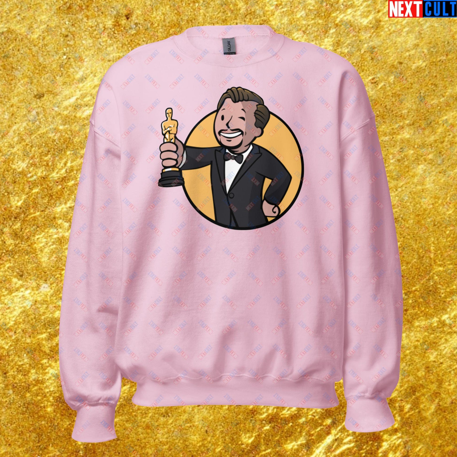 Oscars Boy Leonardo DiCaprio Vault Boy Fallout Funny Meme Cartoon Mashup Unisex Sweatshirt Light Pink Sweatshirts Fallout Leonardo DiCaprio Movies Vault Boy Next Cult Brand