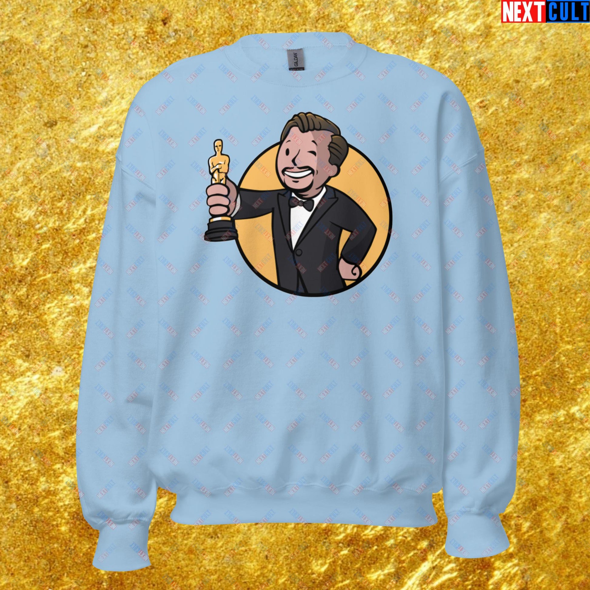 Oscars Boy Leonardo DiCaprio Vault Boy Fallout Funny Meme Cartoon Mashup Unisex Sweatshirt Light Blue Sweatshirts Fallout Leonardo DiCaprio Movies Vault Boy Next Cult Brand