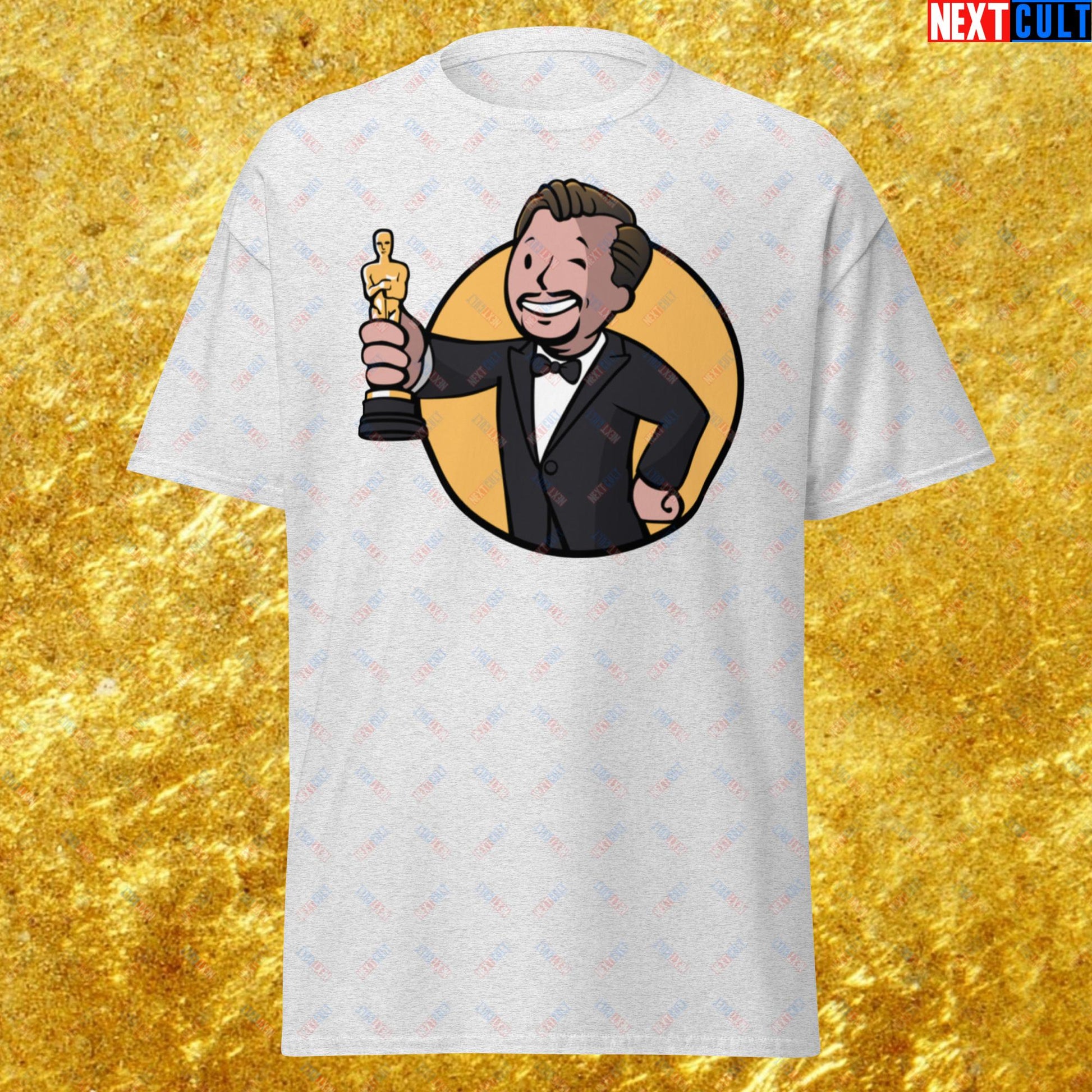 Oscars Boy Leonardo DiCaprio Vault Boy Fallout Funny Meme Cartoon Mashup Unisex tee Ash T-shirts Fallout Leonardo DiCaprio Movies Vault Boy Next Cult Brand