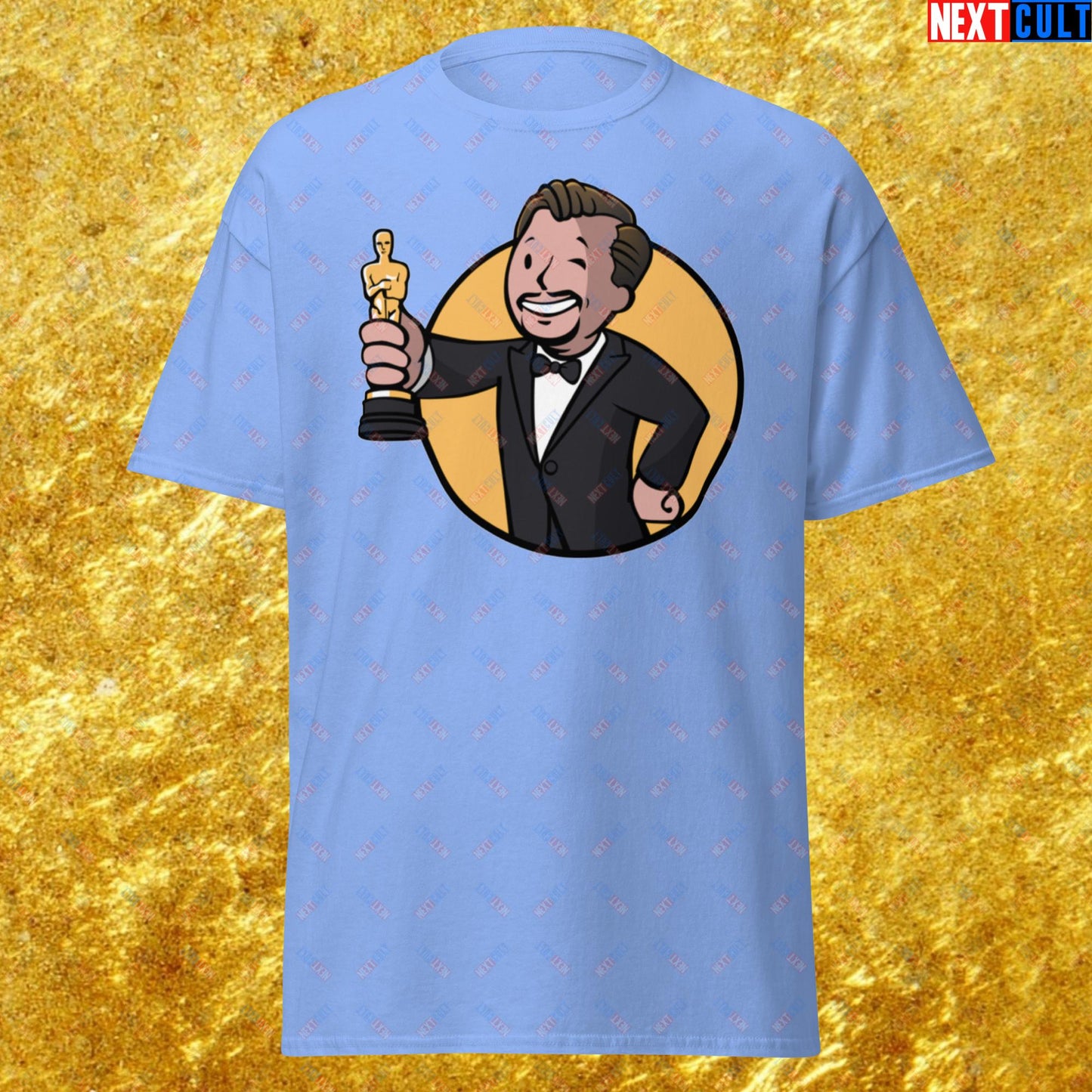 Oscars Boy Leonardo DiCaprio Vault Boy Fallout Funny Meme Cartoon Mashup Unisex tee Carolina Blue T-shirts Fallout Leonardo DiCaprio Movies Vault Boy Next Cult Brand