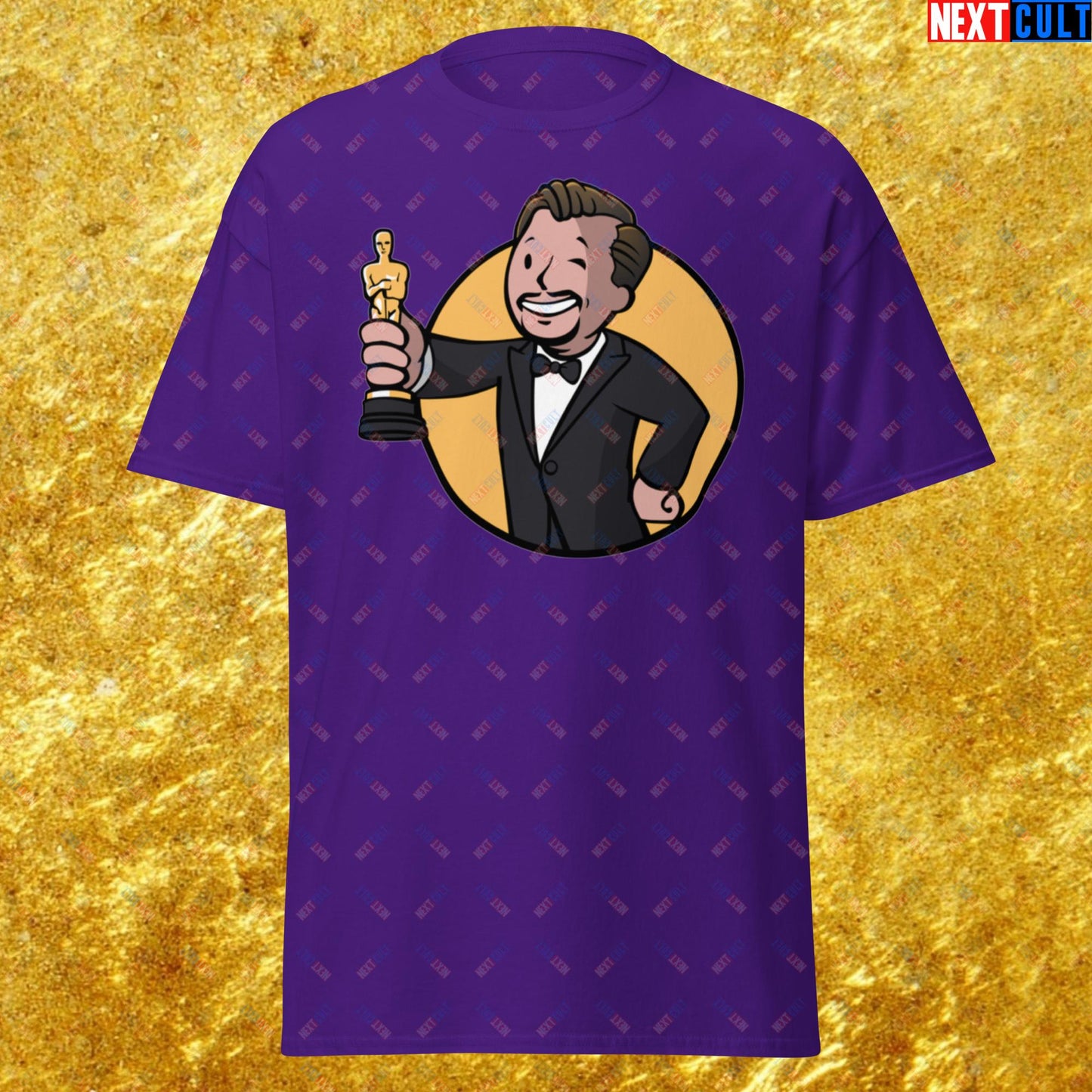 Oscars Boy Leonardo DiCaprio Vault Boy Fallout Funny Meme Cartoon Mashup Unisex tee Purple T-shirts Fallout Leonardo DiCaprio Movies Vault Boy Next Cult Brand