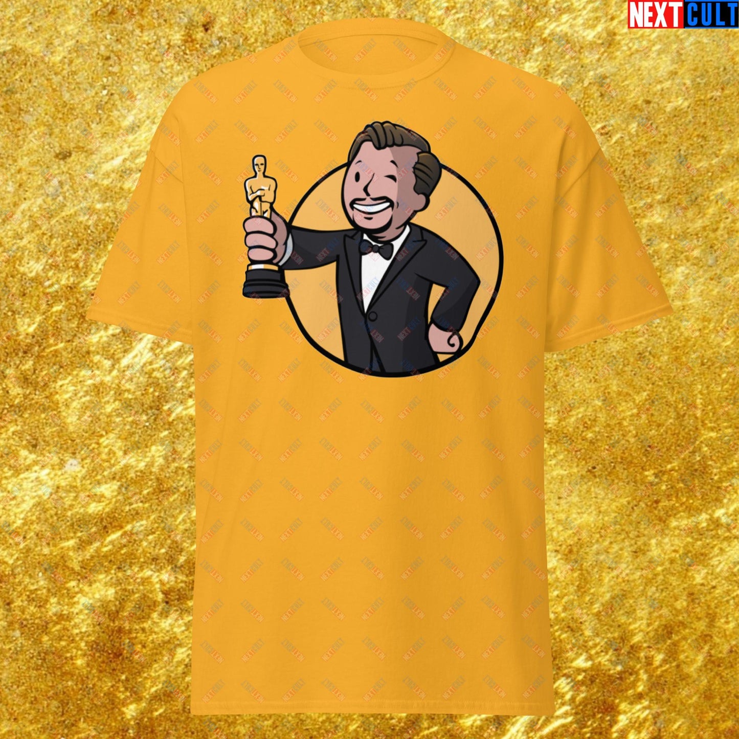 Oscars Boy Leonardo DiCaprio Vault Boy Fallout Funny Meme Cartoon Mashup Unisex tee Gold T-shirts Fallout Leonardo DiCaprio Movies Vault Boy Next Cult Brand