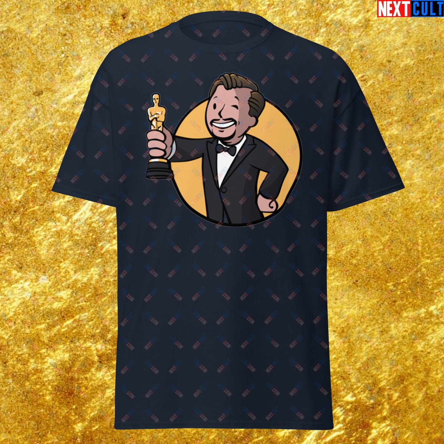 Oscars Boy Leonardo DiCaprio Vault Boy Fallout Funny Meme Cartoon Mashup Unisex tee Navy T-shirts Fallout Leonardo DiCaprio Movies Vault Boy Next Cult Brand