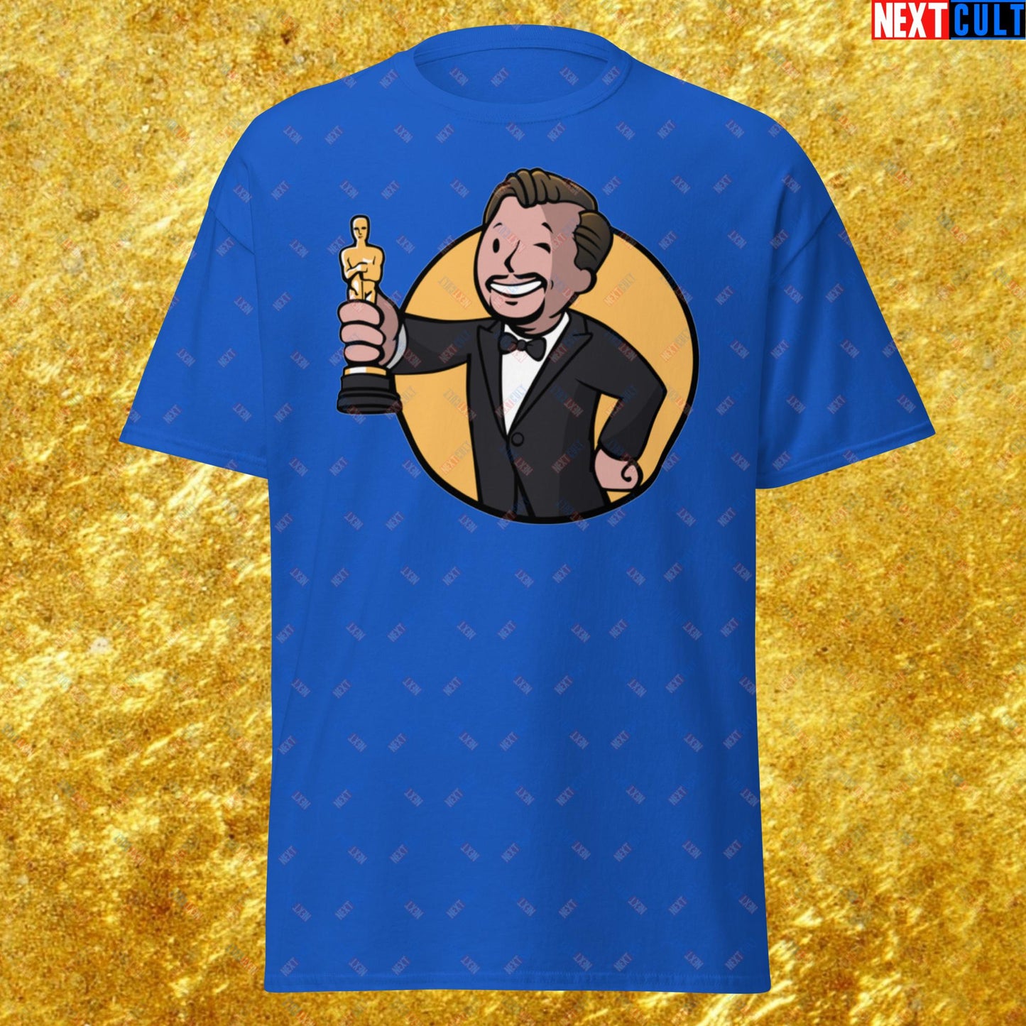 Oscars Boy Leonardo DiCaprio Vault Boy Fallout Funny Meme Cartoon Mashup Unisex tee Royal T-shirts Fallout Leonardo DiCaprio Movies Vault Boy Next Cult Brand