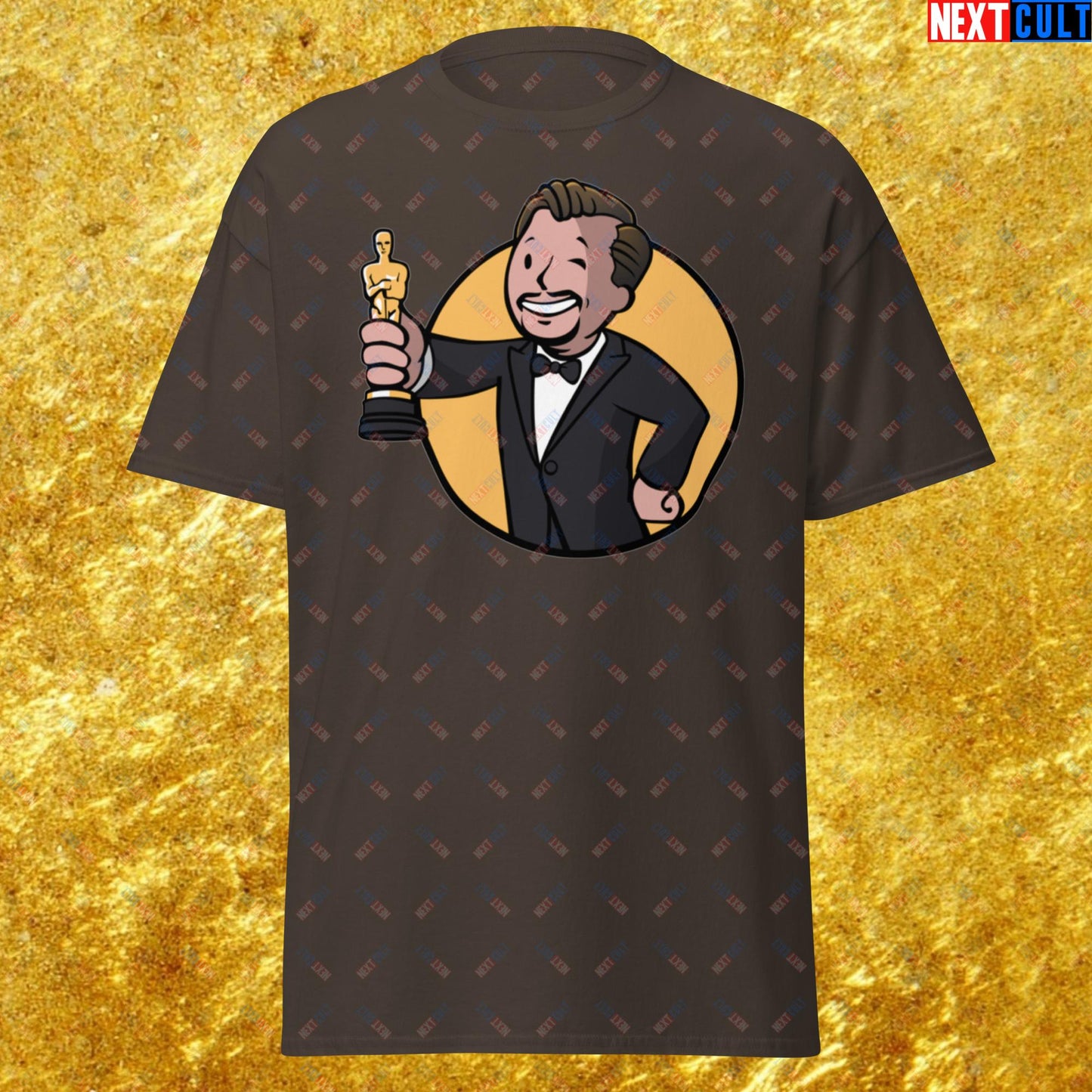 Oscars Boy Leonardo DiCaprio Vault Boy Fallout Funny Meme Cartoon Mashup Unisex tee Dark Chocolate T-shirts Fallout Leonardo DiCaprio Movies Vault Boy Next Cult Brand