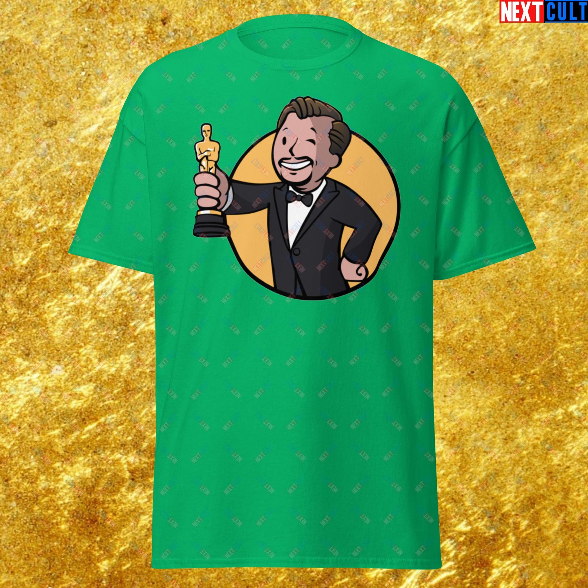 Oscars Boy Leonardo DiCaprio Vault Boy Fallout Funny Meme Cartoon Mashup Unisex tee Irish Green T-shirts Fallout Leonardo DiCaprio Movies Vault Boy Next Cult Brand