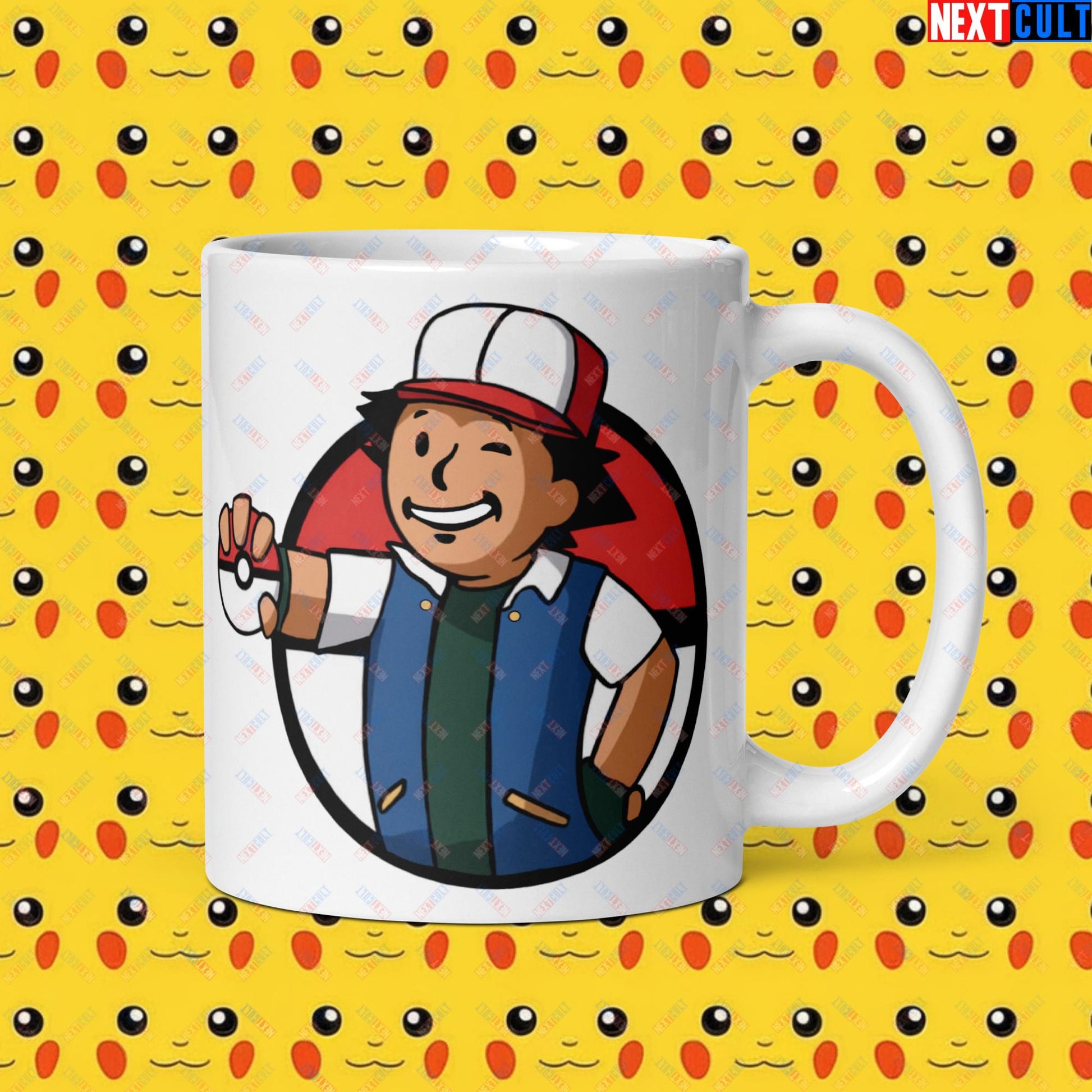 Pokemon Vault Boy Fallout Funny Meme Cartoon Mashup White glossy mug Next Cult Brand