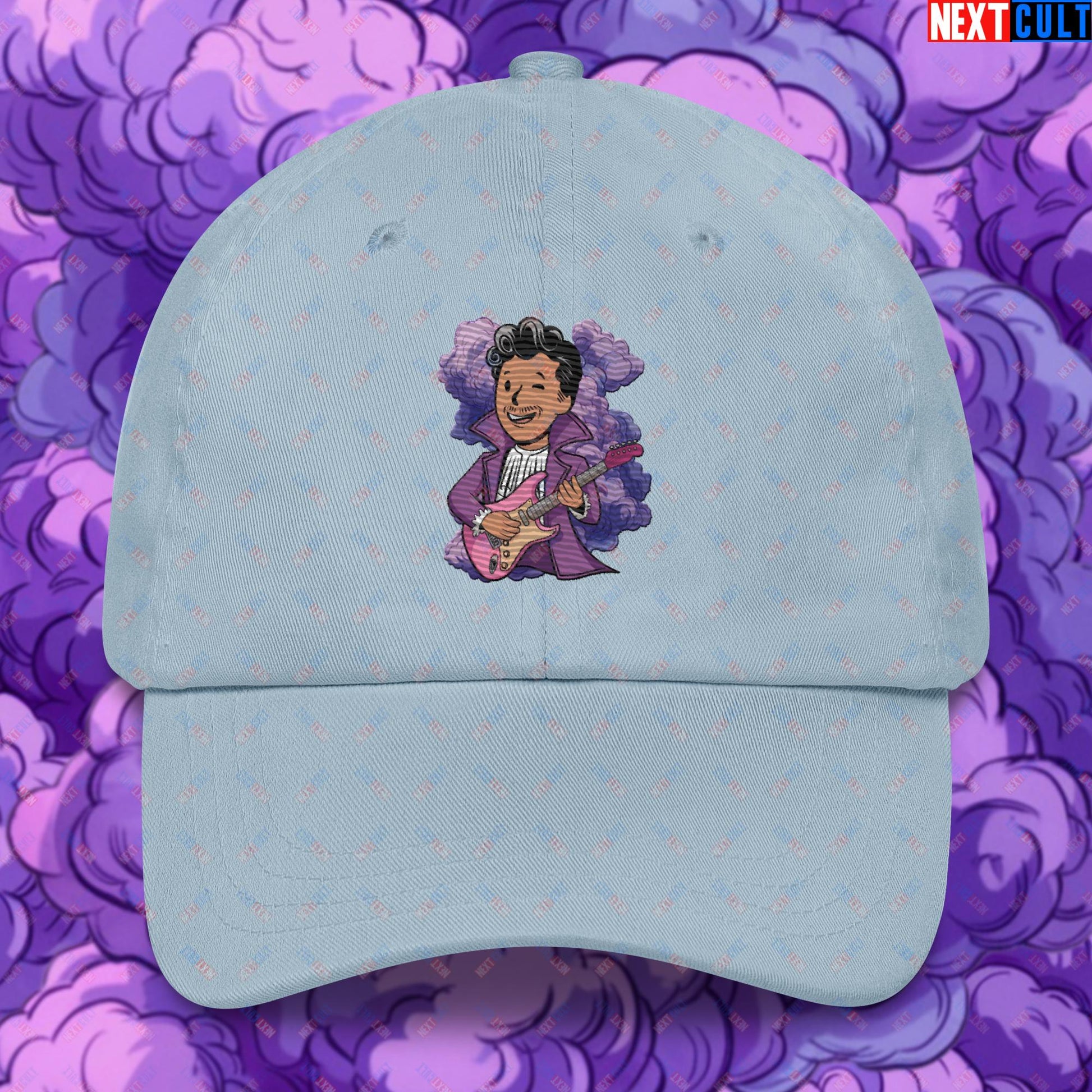 Prince Boy Purple Rain Music Vault Boy Fallout Funny Meme Cartoon Mashup Dad hat Light Blue Hats Fallout Music Prince Vault Boy Next Cult Brand