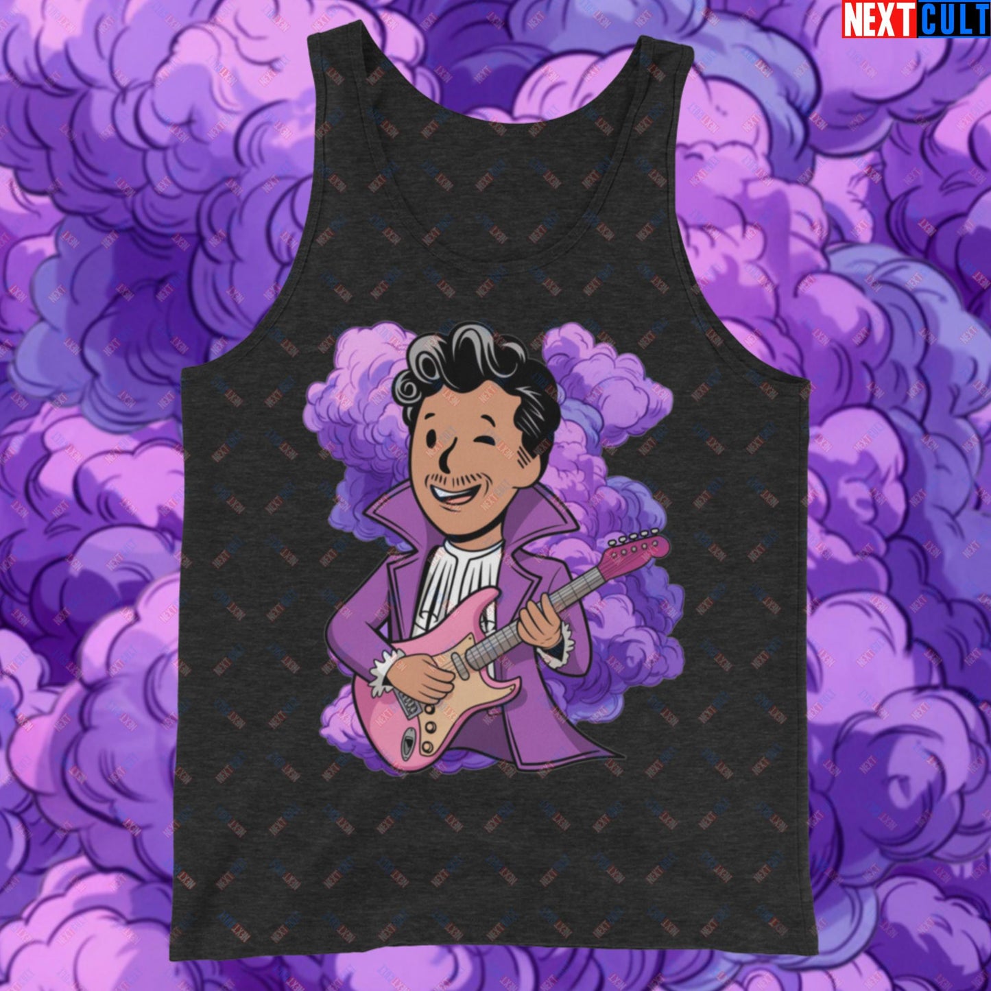 Prince Boy Purple Rain Music Vault Boy Fallout Funny Meme Cartoon Mashup Tank Top Charcoal-Black Triblend Tank Tops Fallout Music Prince Vault Boy Next Cult Brand