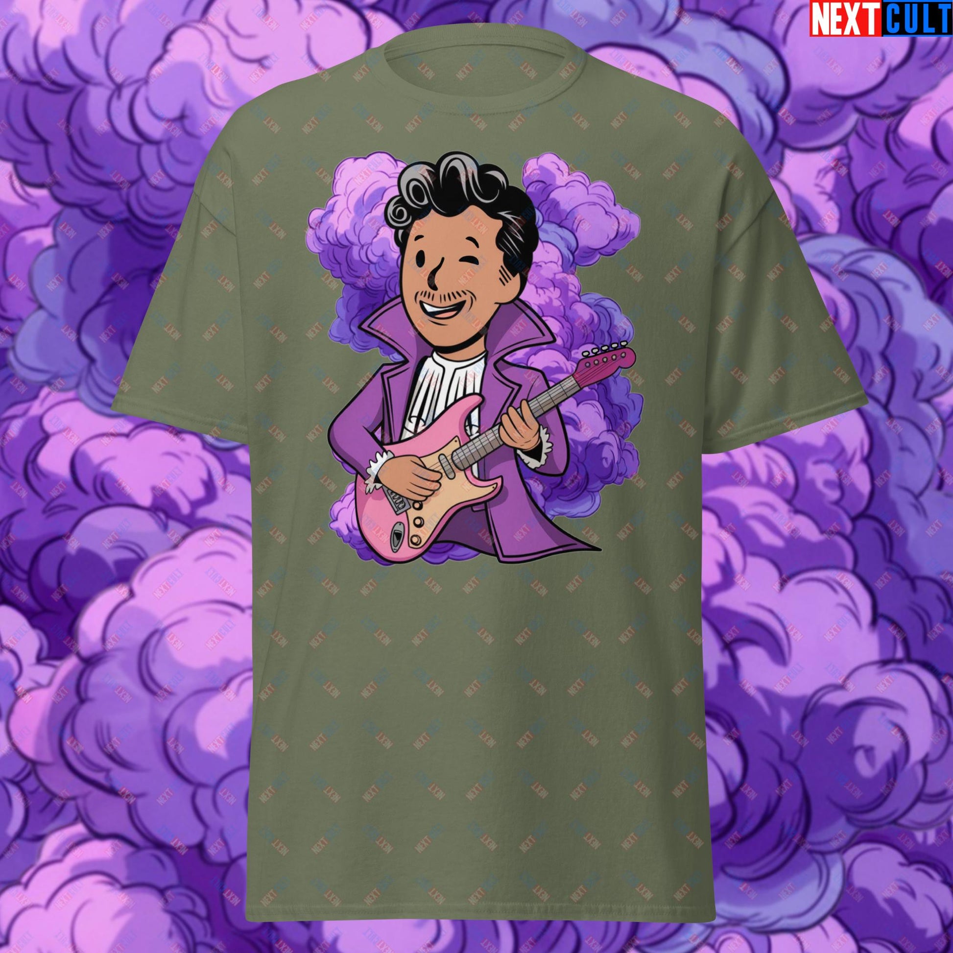 Prince Boy Purple Rain Music Vault Boy Fallout Funny Meme Cartoon Mashup Unisex tee Military Green T-shirts Fallout Music Prince Vault Boy Next Cult Brand