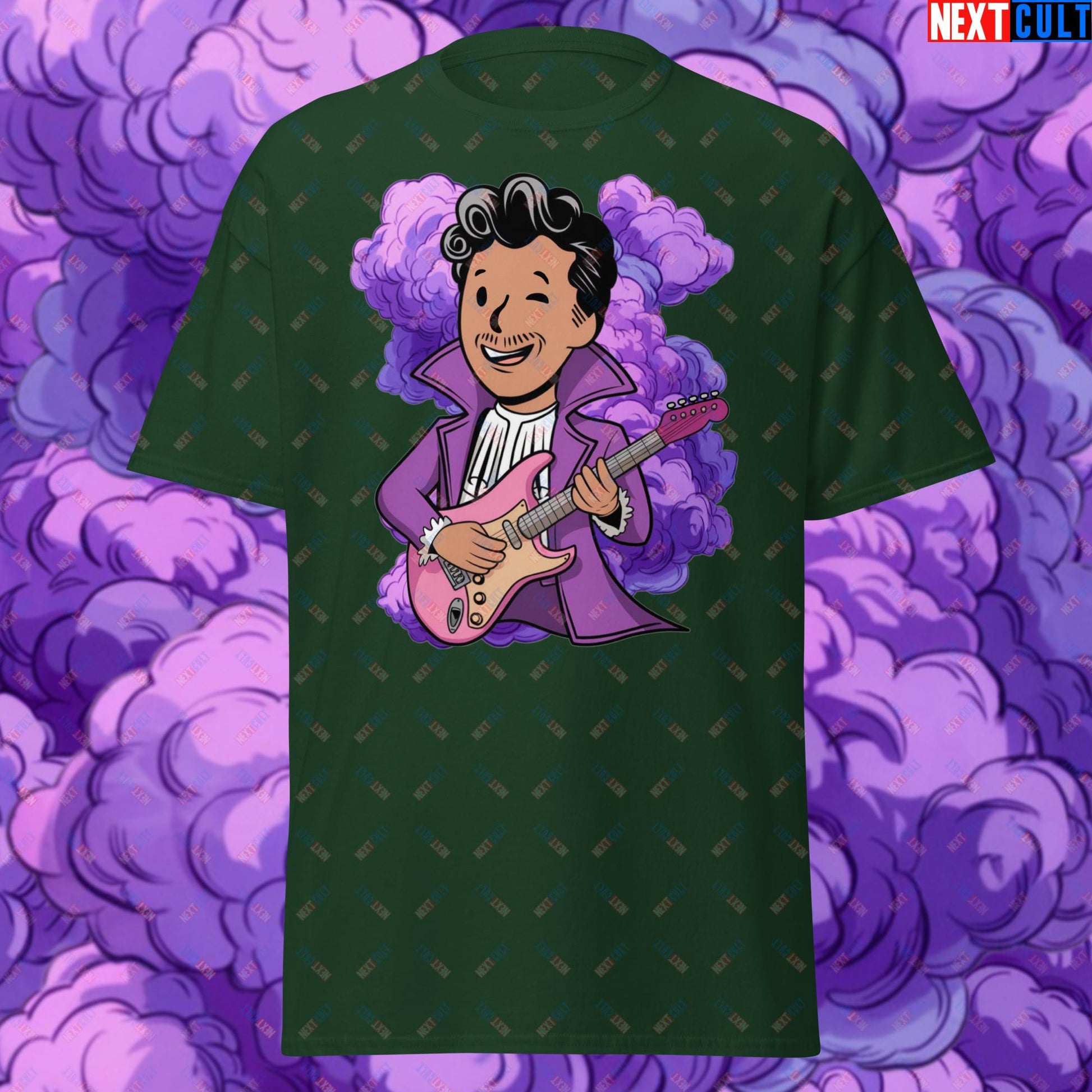 Prince Boy Purple Rain Music Vault Boy Fallout Funny Meme Cartoon Mashup Unisex tee Forest Green T-shirts Fallout Music Prince Vault Boy Next Cult Brand