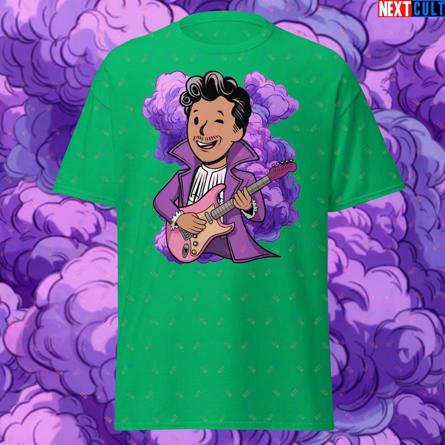 Prince Boy Purple Rain Music Vault Boy Fallout Funny Meme Cartoon Mashup Unisex tee Irish Green T-shirts Fallout Music Prince Vault Boy Next Cult Brand