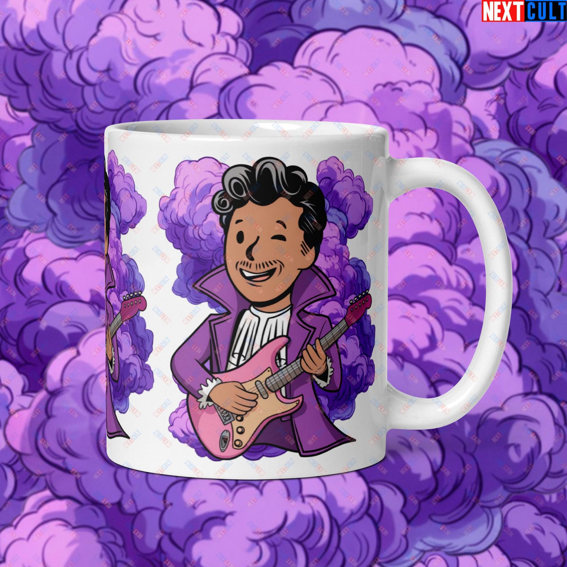 Prince Boy Purple Rain Music Vault Boy Fallout Funny Meme Cartoon Mashup White glossy mug Next Cult Brand