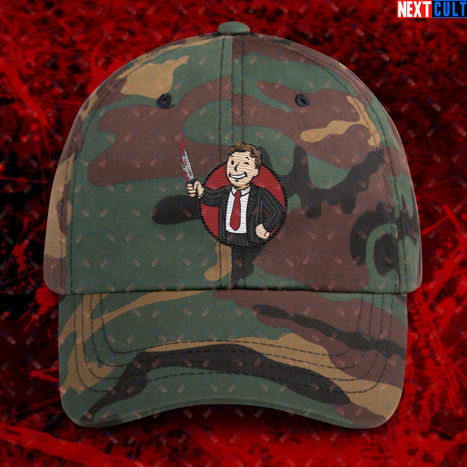 Psycho Boy American Psycho Vault Boy Fallout Funny Meme Cartoon Mashup Dad hat Green Camo Hats American Psycho Christian Bale Fallout Movies Vault Boy Next Cult Brand