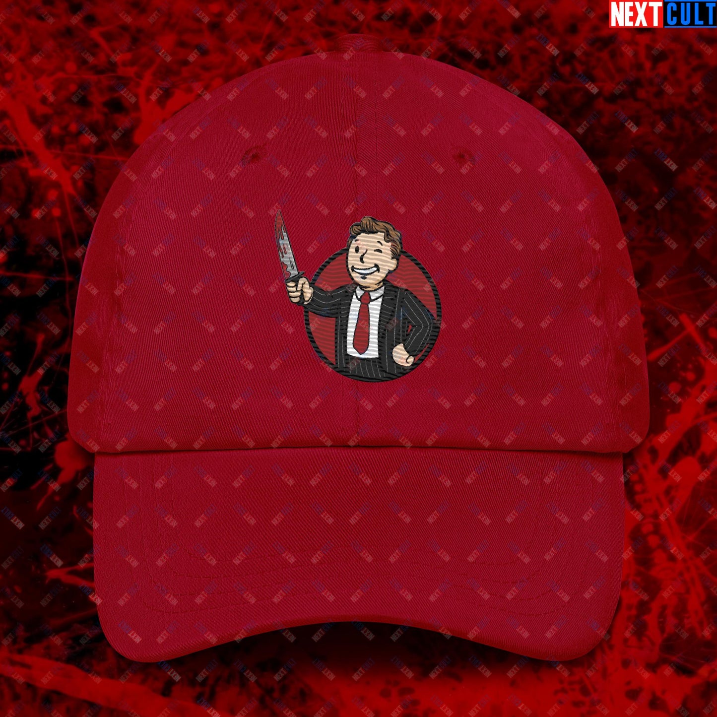 Psycho Boy American Psycho Vault Boy Fallout Funny Meme Cartoon Mashup Dad hat Cranberry Hats American Psycho Christian Bale Fallout Movies Vault Boy Next Cult Brand