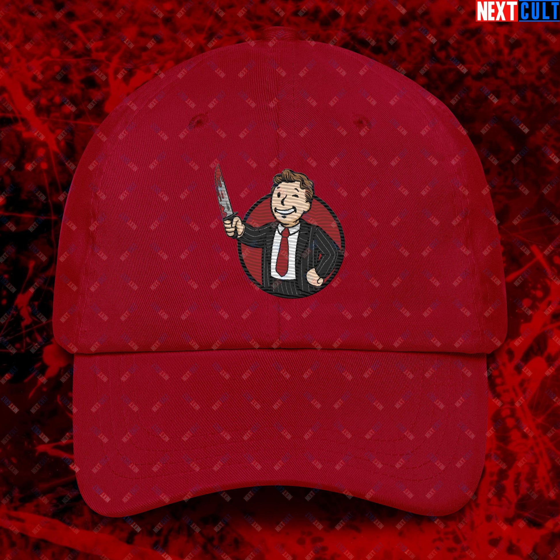 Psycho Boy American Psycho Vault Boy Fallout Funny Meme Cartoon Mashup Dad hat Cranberry Hats American Psycho Christian Bale Fallout Movies Vault Boy Next Cult Brand