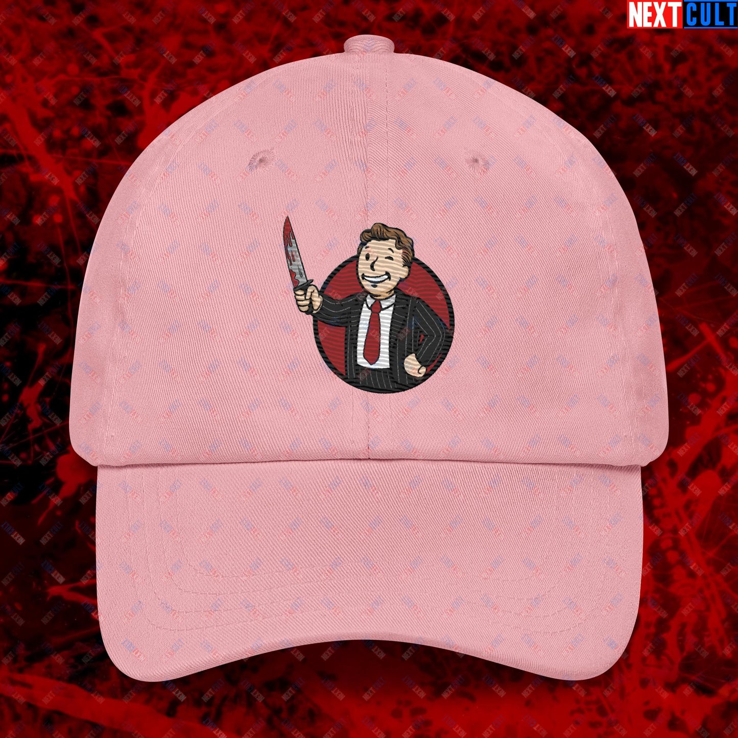 Psycho Boy American Psycho Vault Boy Fallout Funny Meme Cartoon Mashup Dad hat Pink Hats American Psycho Christian Bale Fallout Movies Vault Boy Next Cult Brand