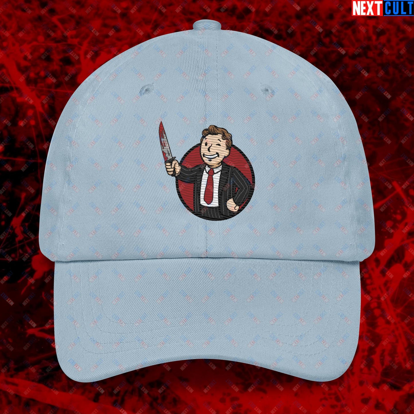 Psycho Boy American Psycho Vault Boy Fallout Funny Meme Cartoon Mashup Dad hat Light Blue Hats American Psycho Christian Bale Fallout Movies Vault Boy Next Cult Brand