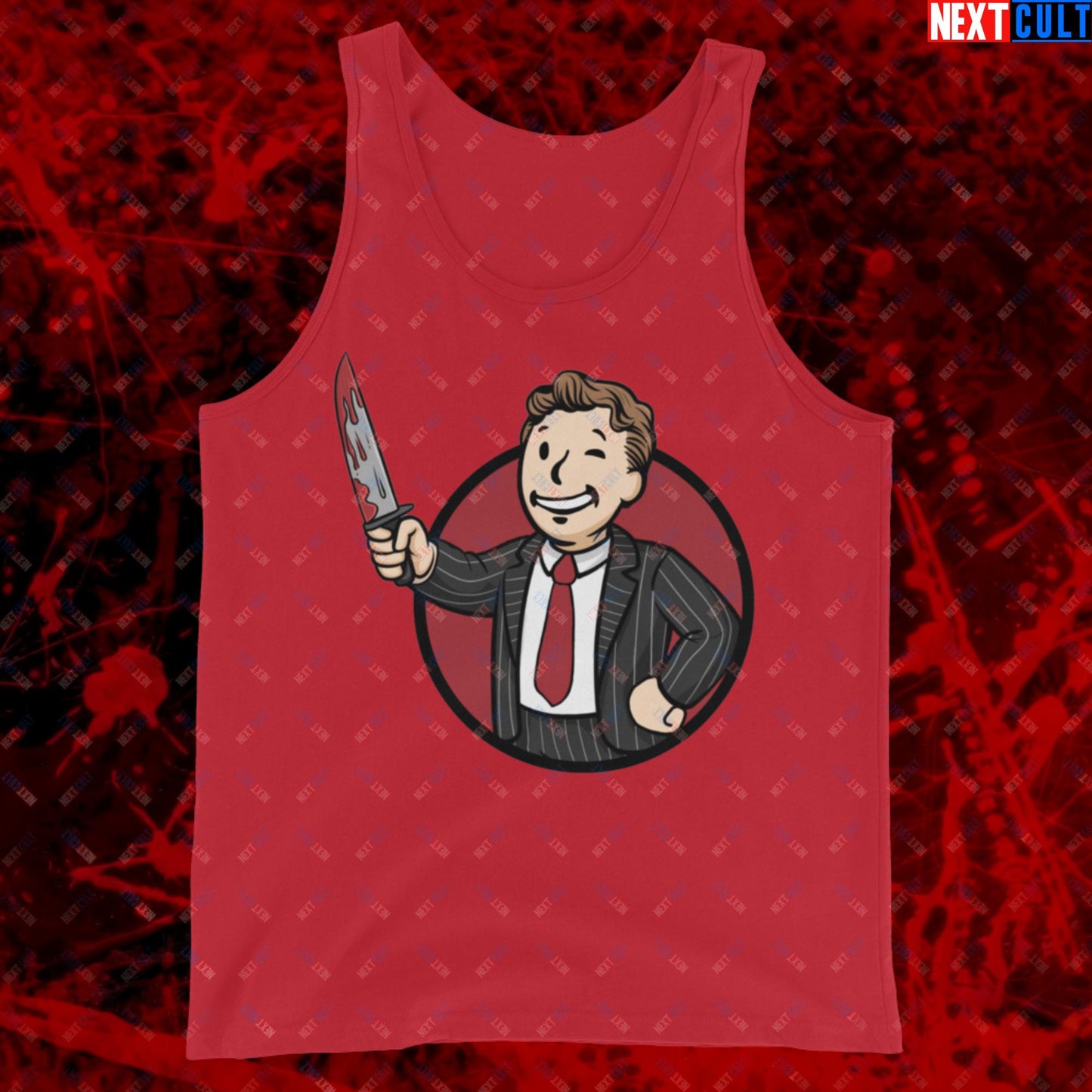 Psycho Boy American Psycho Vault Boy Fallout Funny Meme Cartoon Mashup Tank Top Red Tank Tops American Psycho Christian Bale Fallout Movies Vault Boy Next Cult Brand