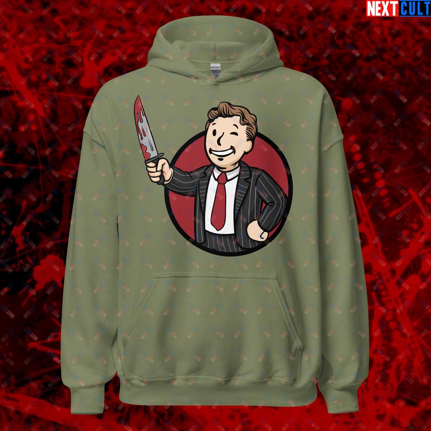 Psycho Boy American Psycho Vault Boy Fallout Funny Meme Cartoon Mashup Unisex Hoodie Military Green Hoodies American Psycho Christian Bale Fallout Movies Vault Boy Next Cult Brand