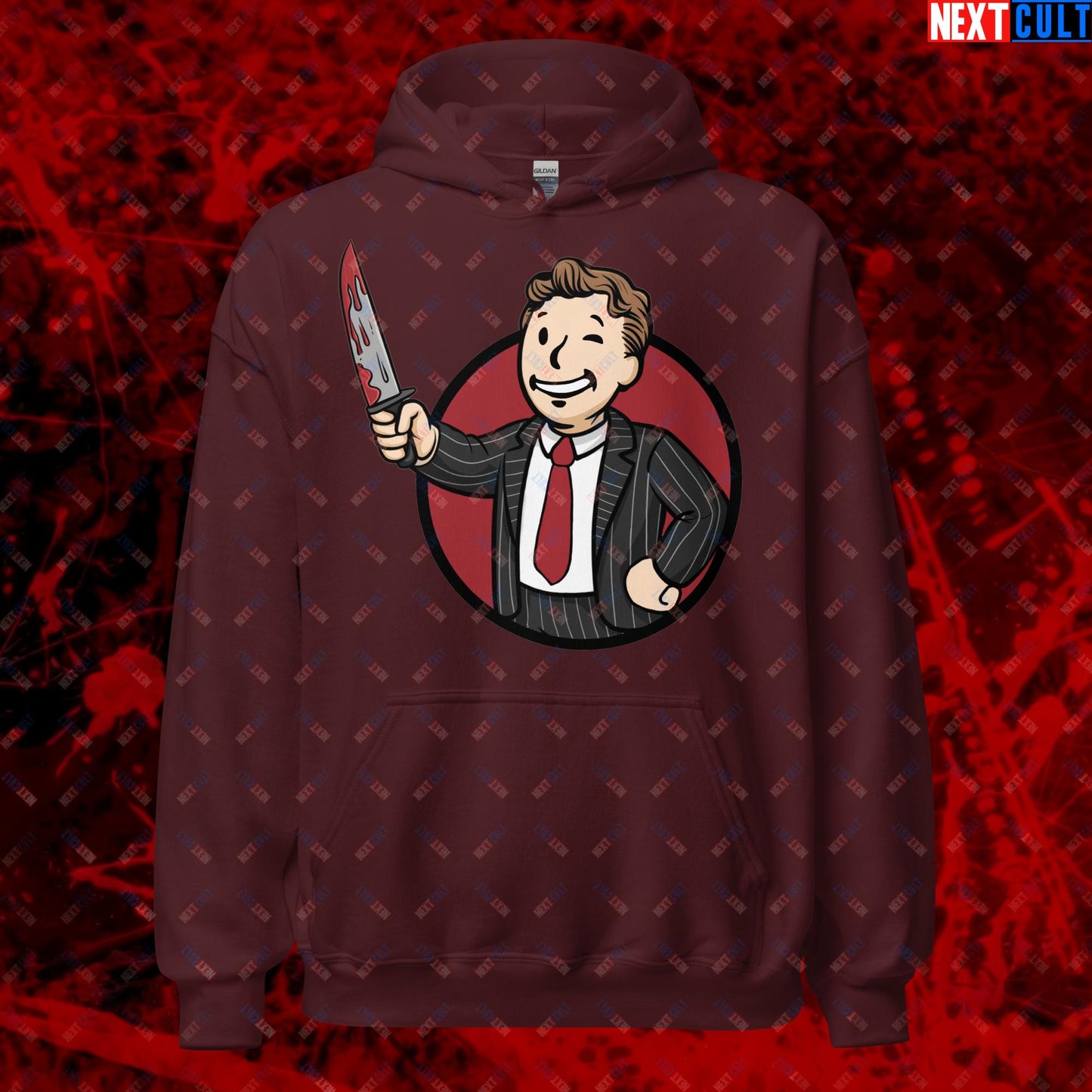 Psycho Boy American Psycho Vault Boy Fallout Funny Meme Cartoon Mashup Unisex Hoodie Maroon Hoodies American Psycho Christian Bale Fallout Movies Vault Boy Next Cult Brand